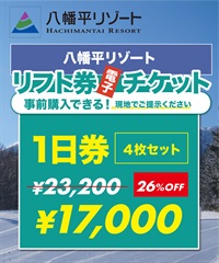 25-26前売券　八幡平リゾートパノラマスキー場＆下倉スキー場　電子チケット 1日券４枚セット　購入後、スマホ画面”右上”の「≡」マイページで確認可能 ※誤って使用された場合の復元は出来かねます。(1日券４枚セット-電子チケット)