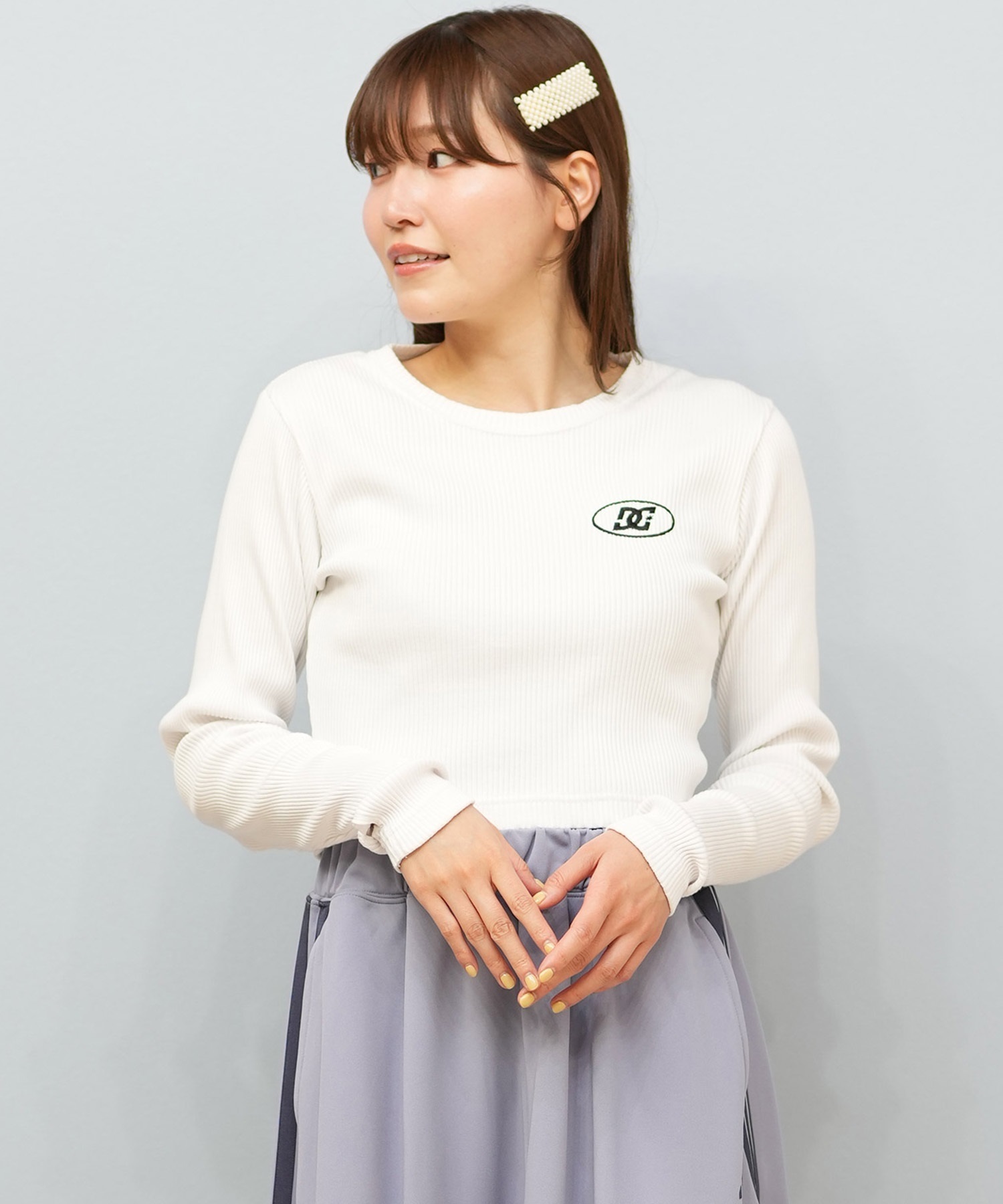 DC ディーシー 長袖 Tシャツ ロンT レディース クロップド丈 ショート丈 シンプル TELECO SHORT LS LLT254311(WHT-M)