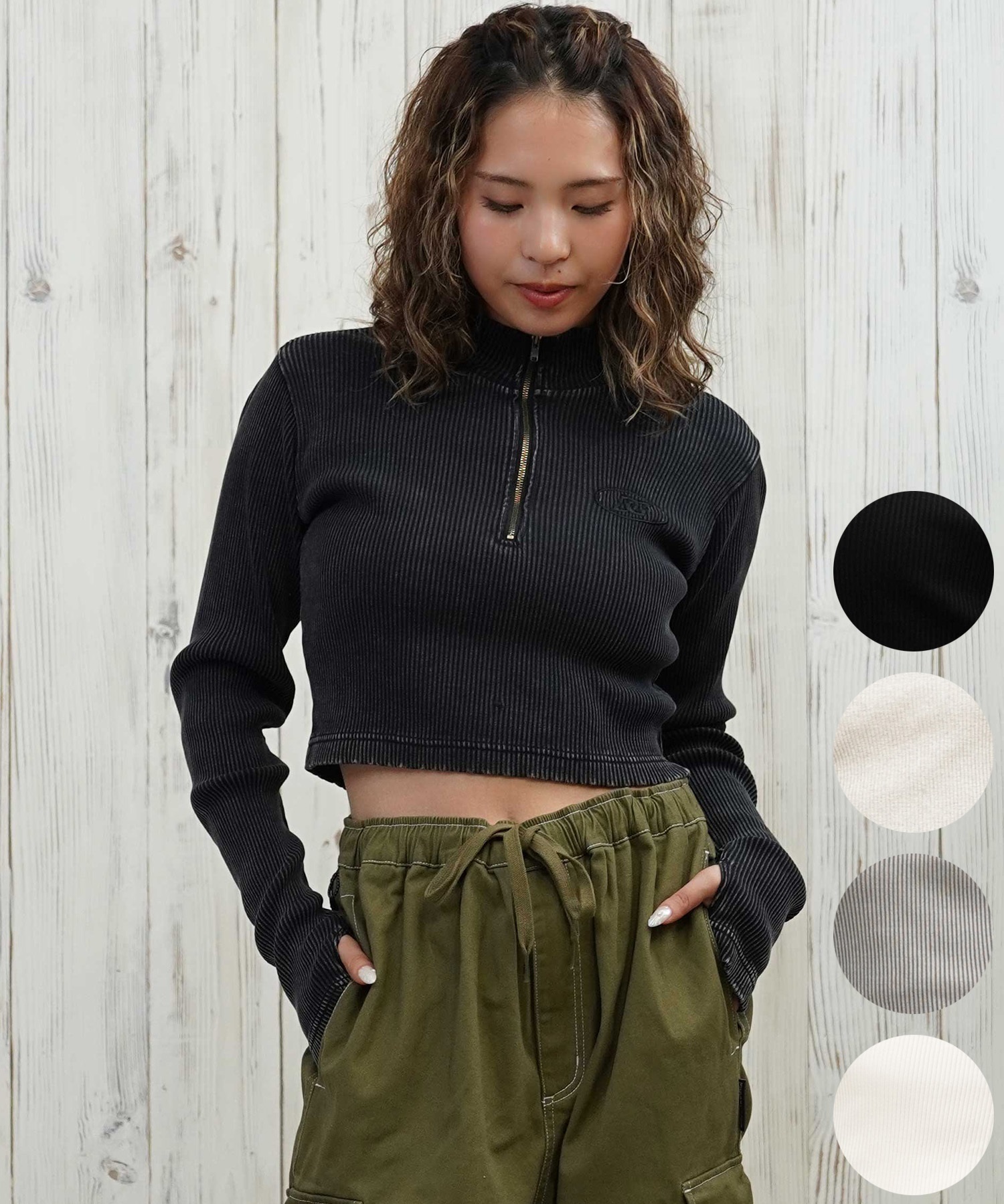 DC ディーシー 長袖 Tシャツ ロンT レディース クロップド丈 ショート丈 ハーフジップ LLT254312(BES-M)