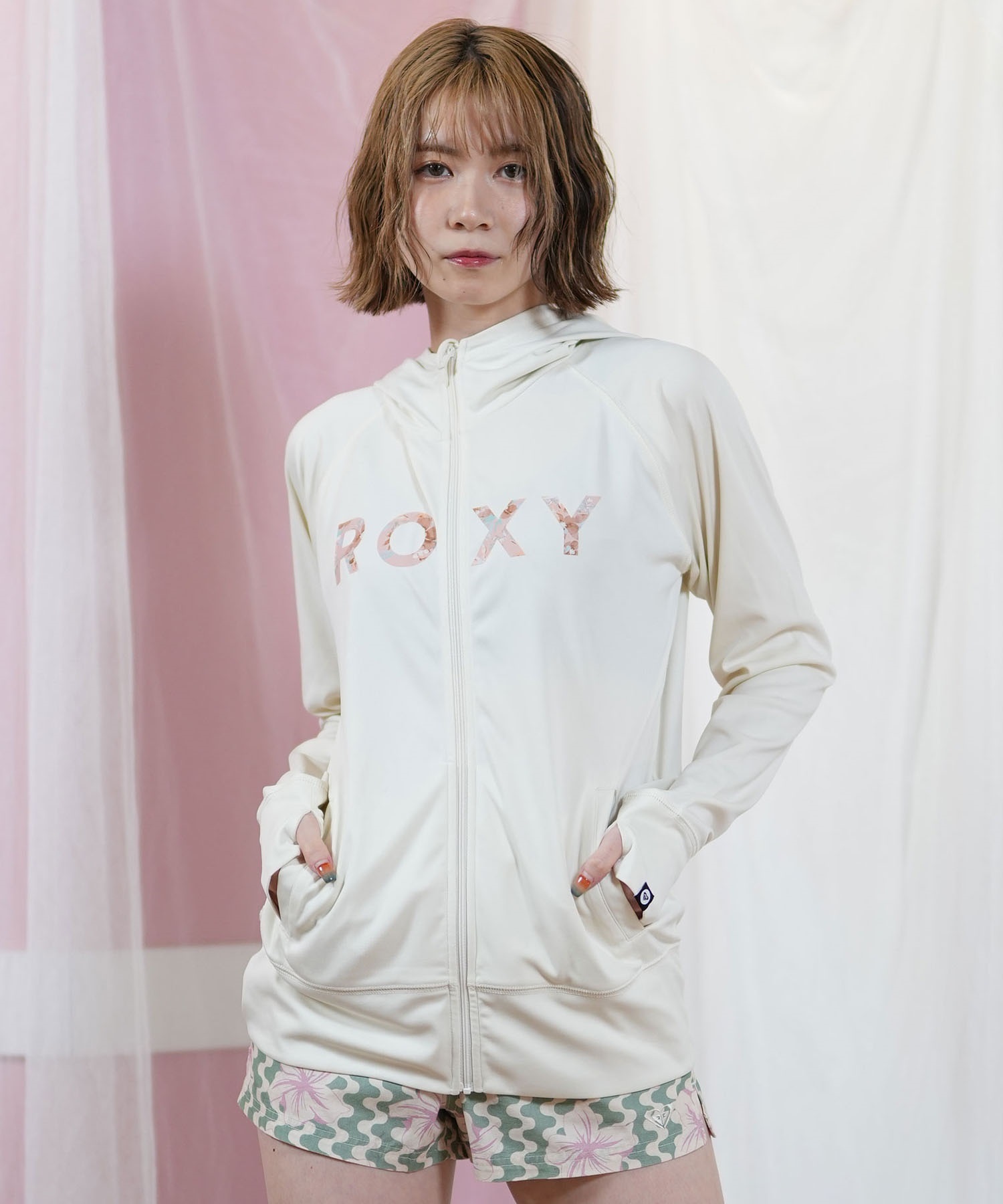 ROXY ロキシー ラッシュガード レディース パーカー ジップアップ 長袖 水陸両用 UVカット ARTSY FLORAL LOGO PARKA RLY251041(OWT-S)