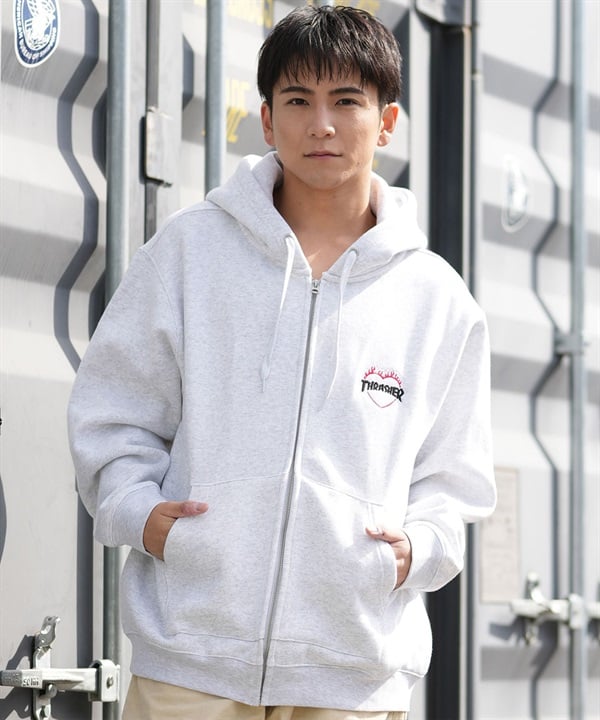 THRASHER スラッシャー ジップアップ パーカー メンズ スウェット フーディー ロゴ ワンポイント 裏起毛 254TH1PK065(WHT-M)