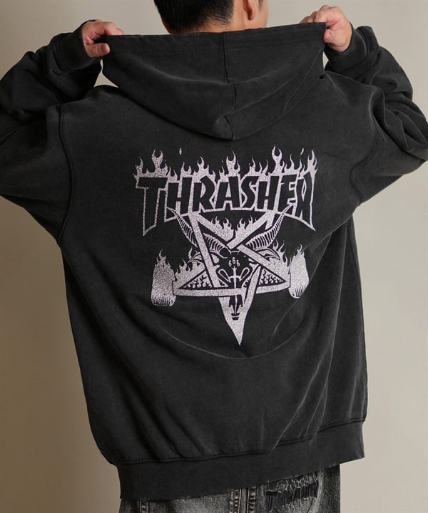 THRASHER スラッシャー ジップアップ パーカー メンズ スウェット フーディー ロゴ バックプリント ピグメント加工 ミニ裏毛 254TH1PK070