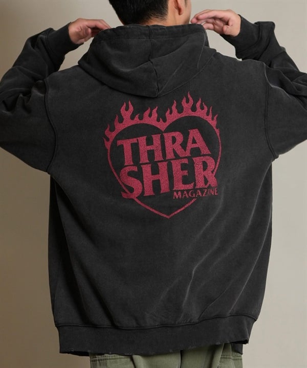 THRASHER スラッシャー ジップアップ パーカー メンズ スウェット フーディー ロゴ バックプリント ピグメント加工 ミニ裏毛 254TH1PK070