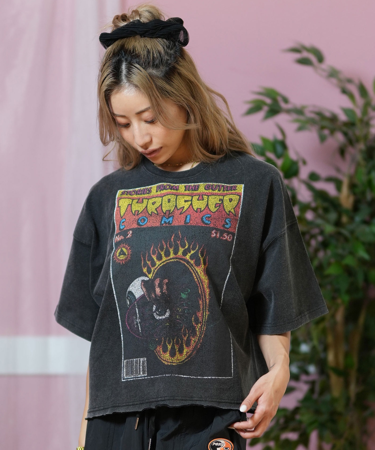 THRASHER スラッシャー 半袖 Tシャツ レディース コミックプリント クロップド丈 252TH2ST026(BLK-2-FREE)
