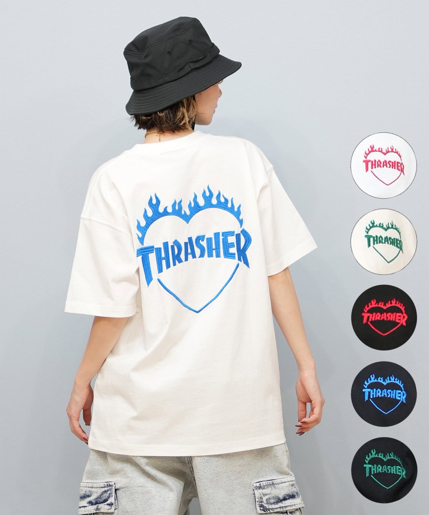 THRASHER スラッシャー 半袖 Tシャツ レディース バックプリント バーニングハート 252TH2ST030(WHT-1-M)