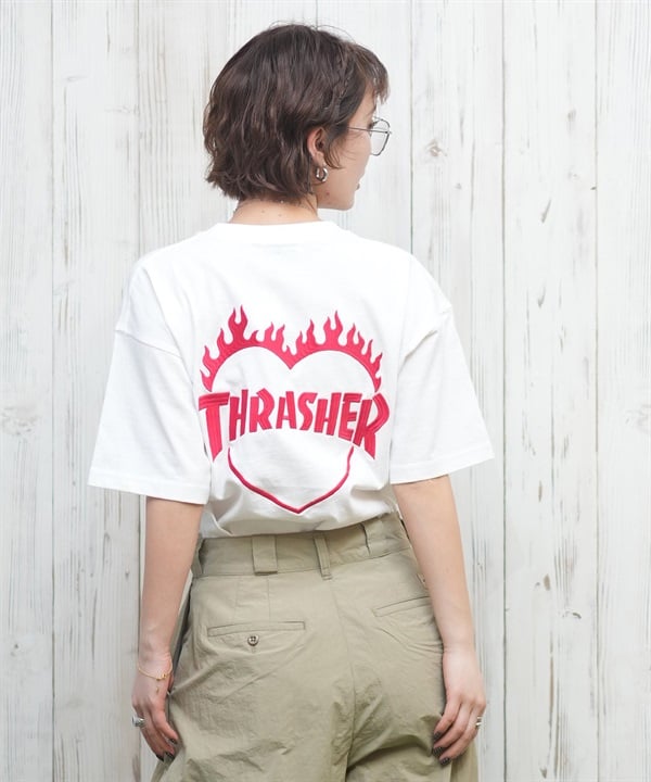 THRASHER スラッシャー 半袖 Tシャツ レディース バックプリント バーニングハート 252TH2ST030(WHT-1-M)