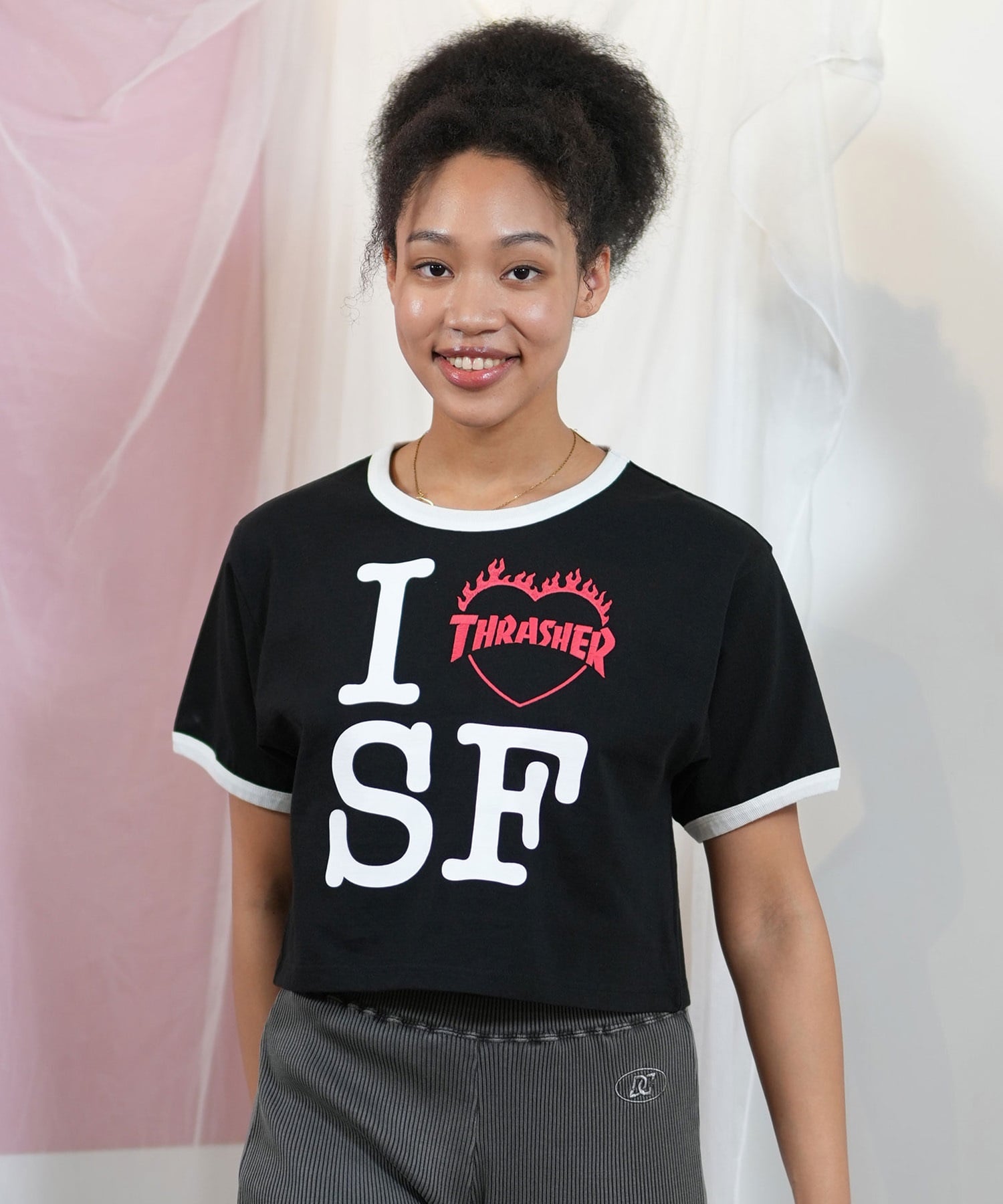 THRASHER スラッシャー 半袖 Tシャツ レディース アイラブTシャツ リンガーシャツ 252TH2ST031(BLK-M)