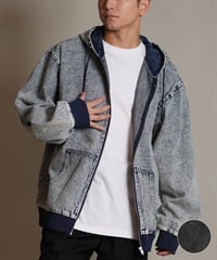 DEAR LAUREL ディアローレル デニム パーカー ジャケット メンズ ジップアップ フーディー ウォッシュ加工 ヴィンテージ風 DENIM PARKA JK D25F-0105(BLK-M)