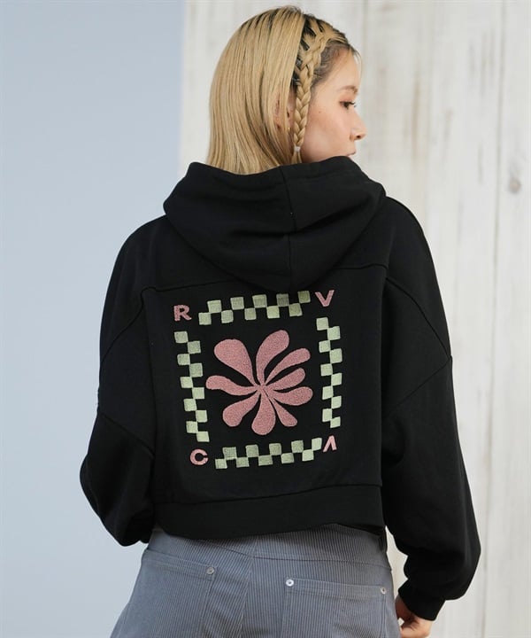 RVCA ルーカ プルオーバー パーカー レディース スウェット フーディー ショート丈 バックプリント ドルマンスリーブ 裏毛 BF044-012(BLK-S)