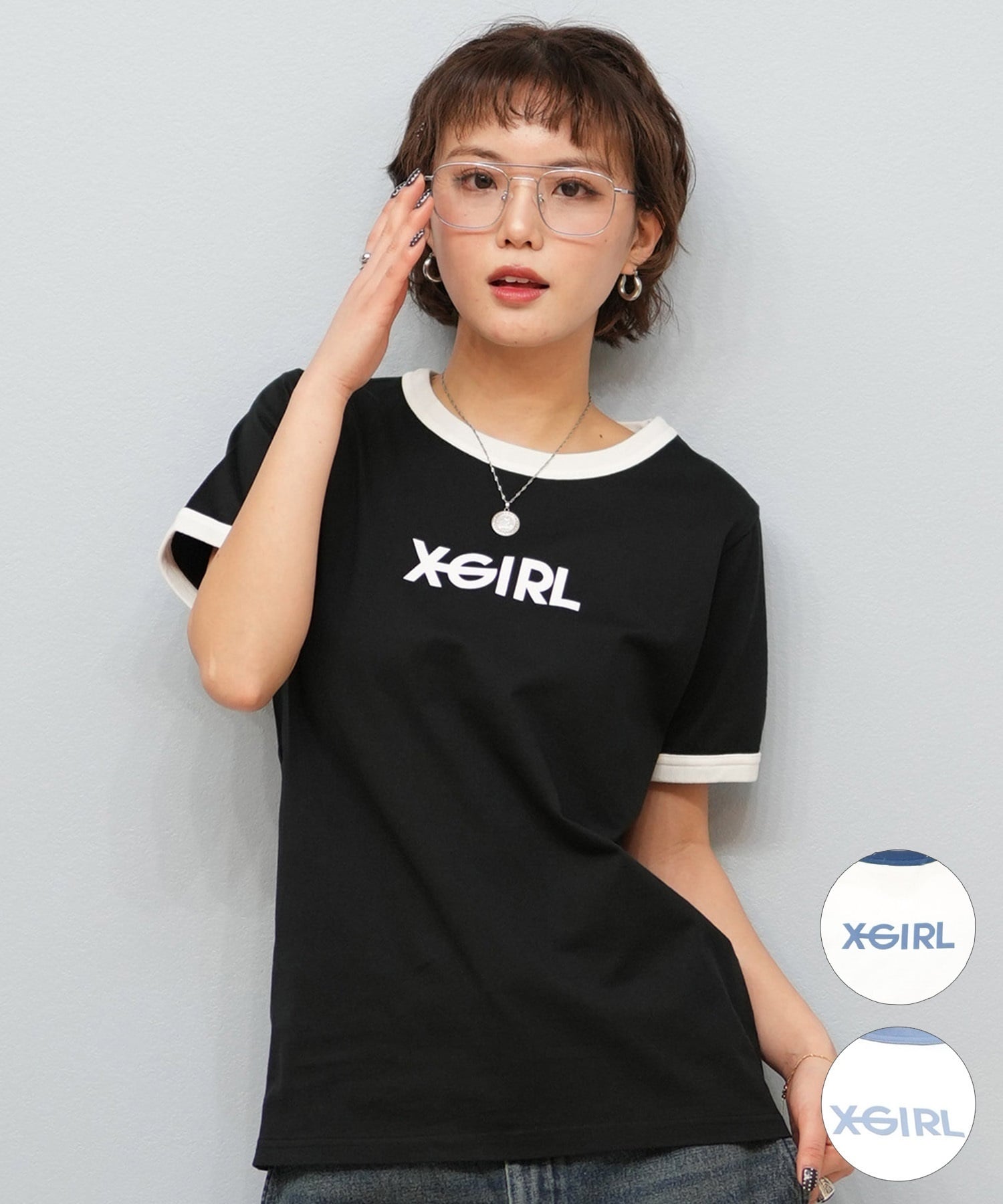 X-girl エックスガール 半袖 Tシャツ レディース リンガーシャツ フロントロゴ LOGO S S RINGER CLASSIC TEE 105251011031(BLACK-S)
