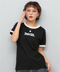 X-girl エックスガール 半袖 Tシャツ レディース リンガーシャツ フロントロゴ LOGO S S RINGER CLASSIC TEE 105251011031(BLACK-S)
