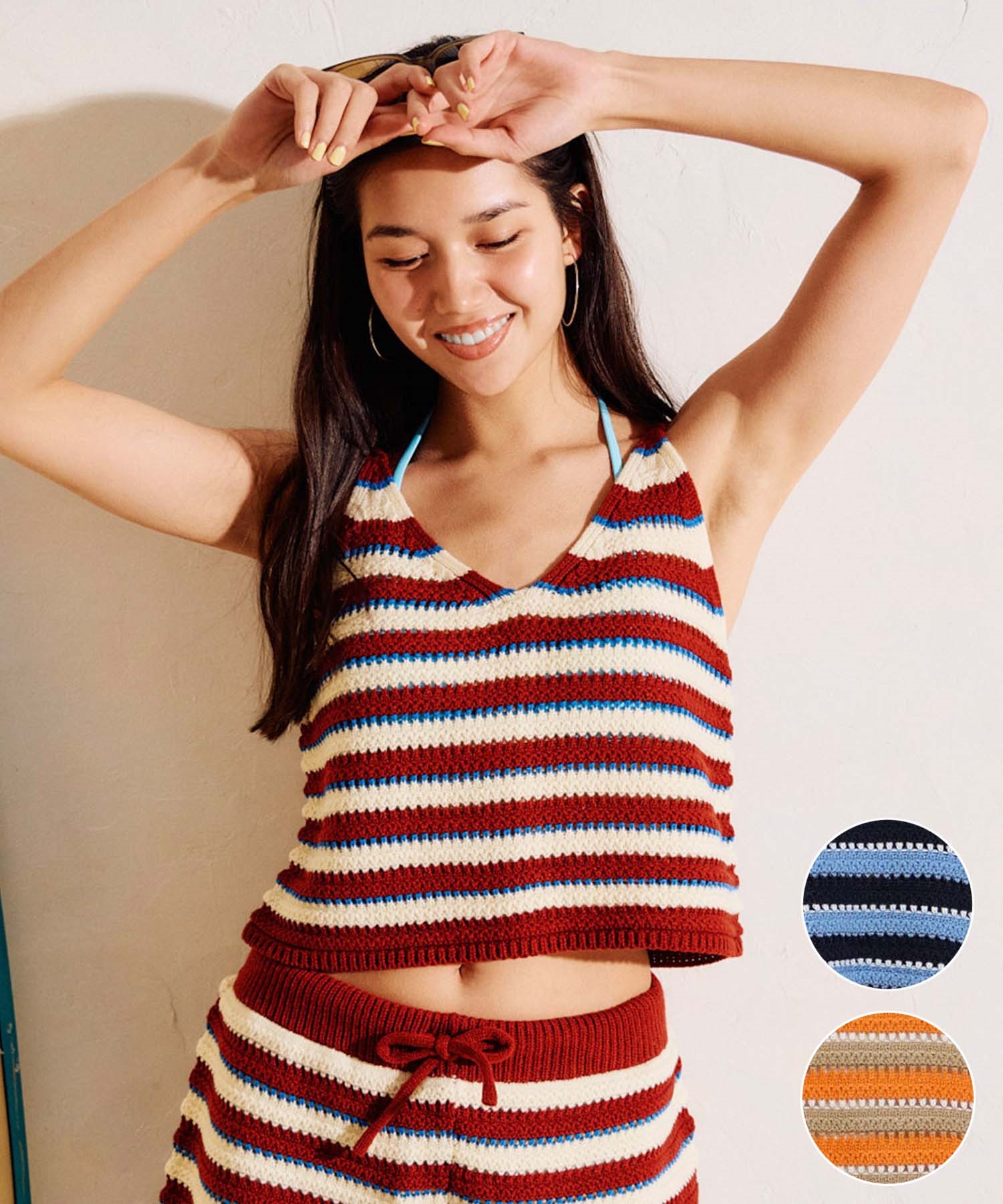 RIKKA FEMME リッカファム キャミソール レディース ニットキャミ ボーダー かぎ針編み セットアップ対応 RF6S-2303(BLU-FREE)