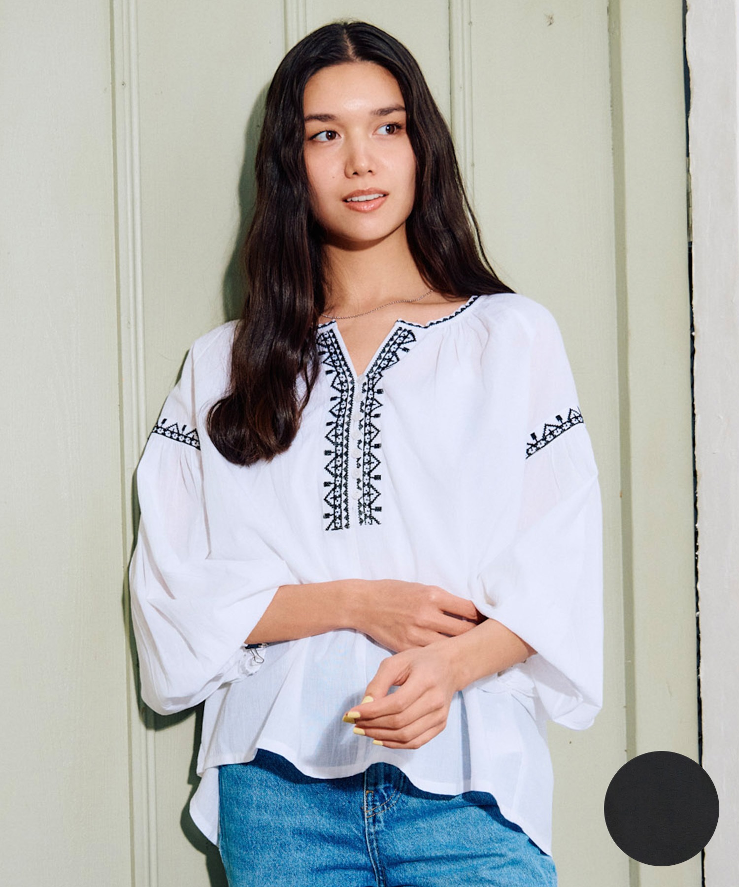 RIKKA FEMME リッカファム 長袖 シャツ レディース ブラウス 刺繍 キーネック RF6S-2601(WHT-FREE)