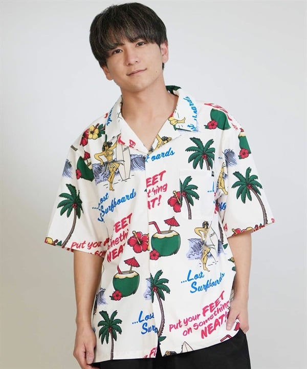 LOST ロスト 半袖 シャツ メンズ 総柄 ストレッチ セットアップ対応 LM6S-2401
