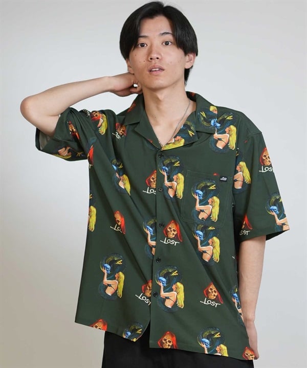 LOST ロスト 半袖 シャツ メンズ 総柄 ストレッチ セットアップ対応 LM6S-2401