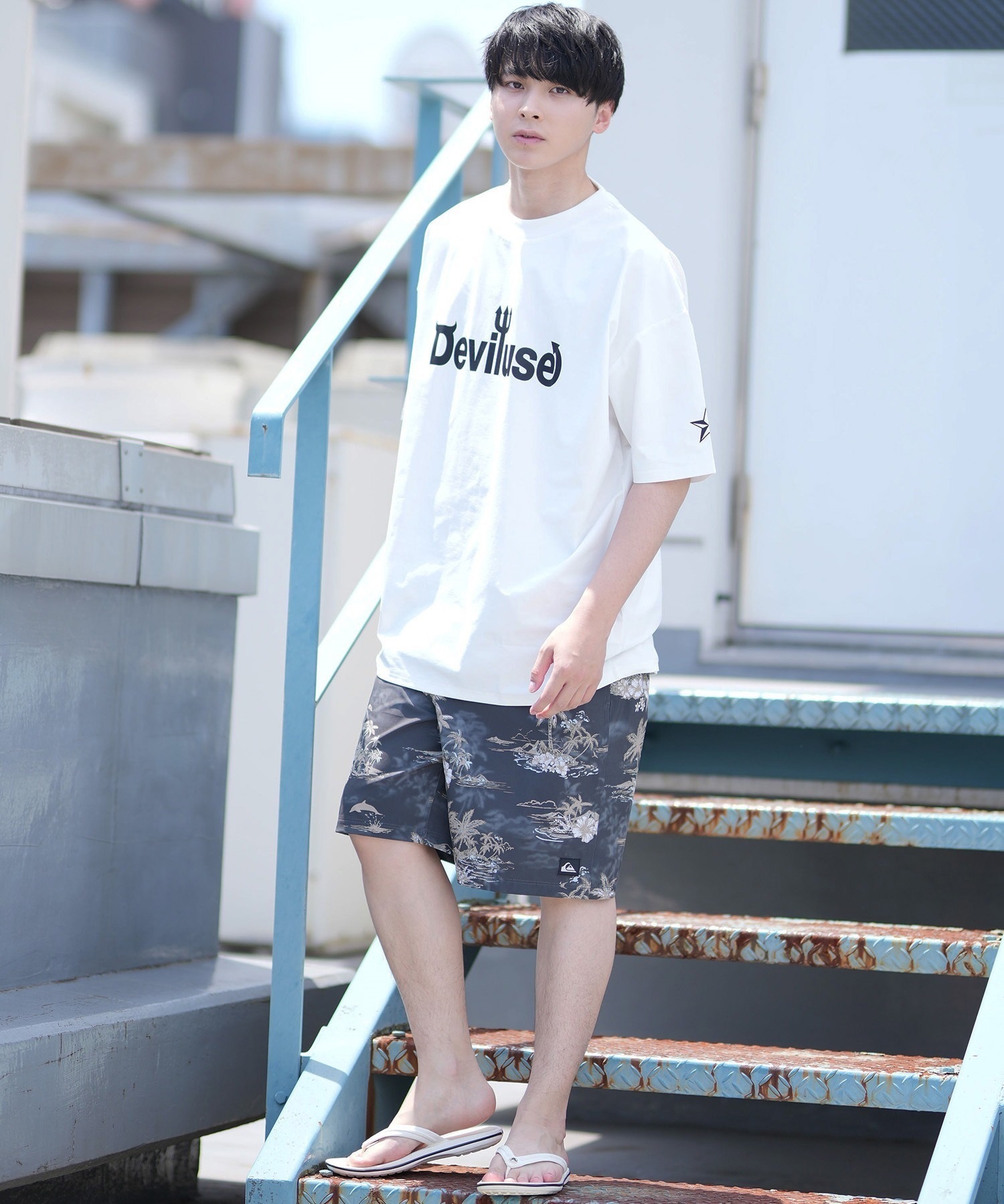 DEVILUSE デビルユース メンズ ラッシュガード 半袖 Tシャツ オーバーサイズ 水陸両用 ムラサキスポーツ限定 243OO1ST301DU(WHT-M)