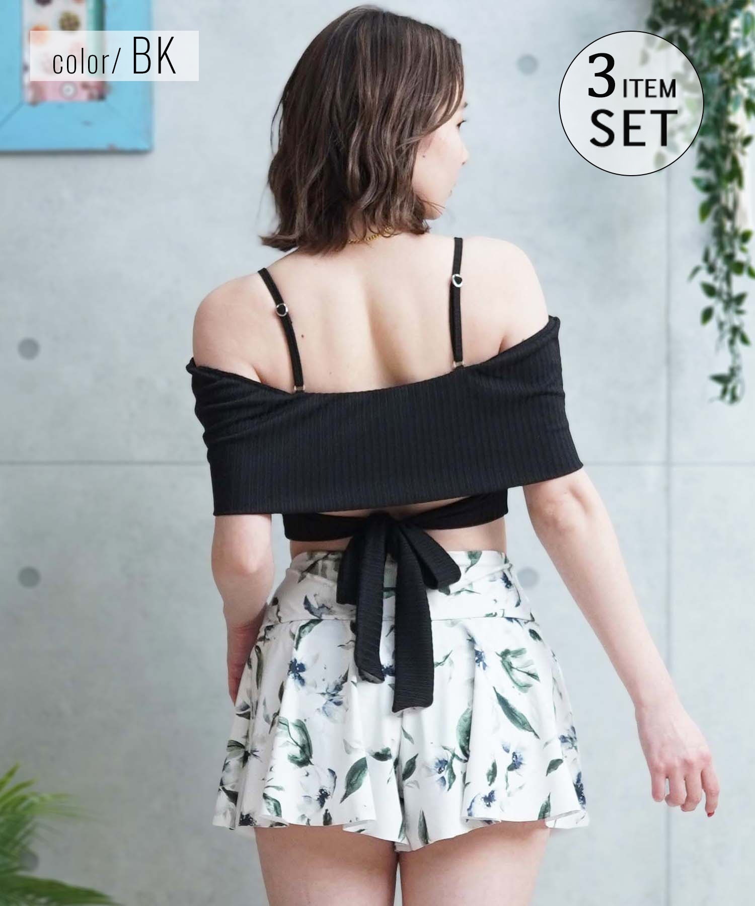 LAETITIA レリッタ 水着 レディース  オフショルダー 花柄 ショートパンツ 3点セット 441401(WT-9)