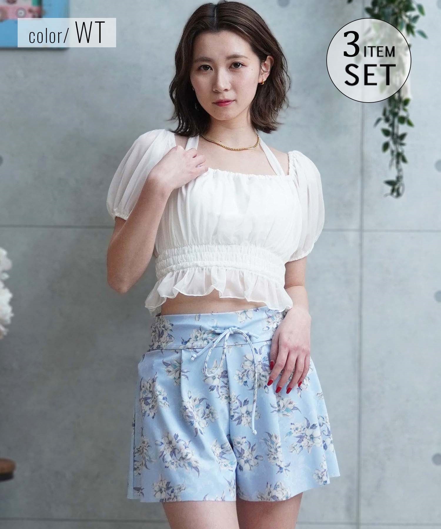 LAETITIA レリッタ 水着 レディース  オフショルダー パフスリーブ ショートパンツ 3点セット 441501(WT-9)