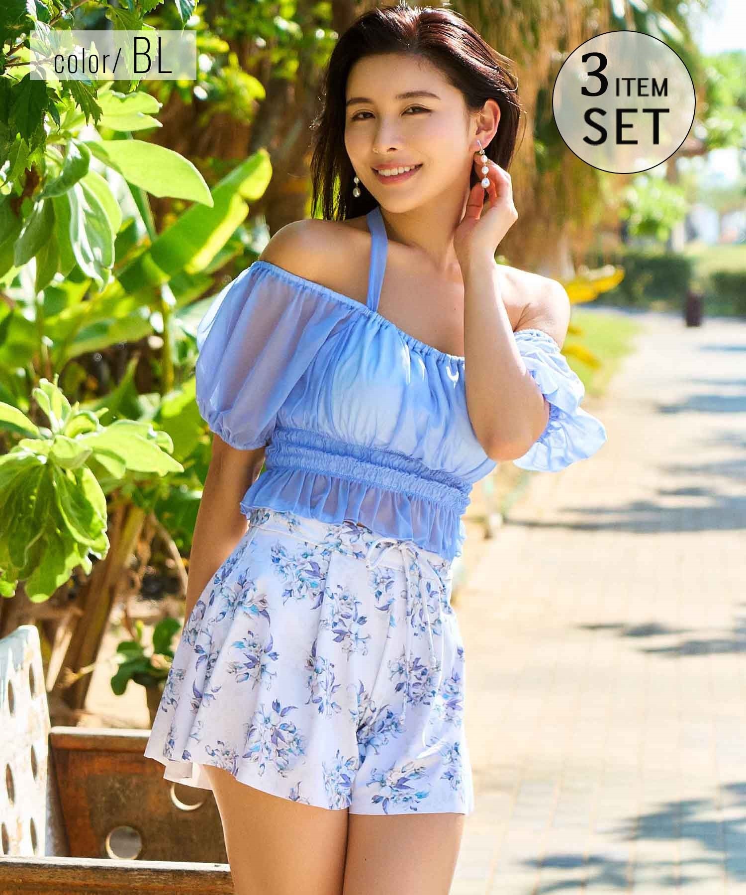 LAETITIA レリッタ 水着 レディース  オフショルダー パフスリーブ ショートパンツ 3点セット 441501(WT-9)