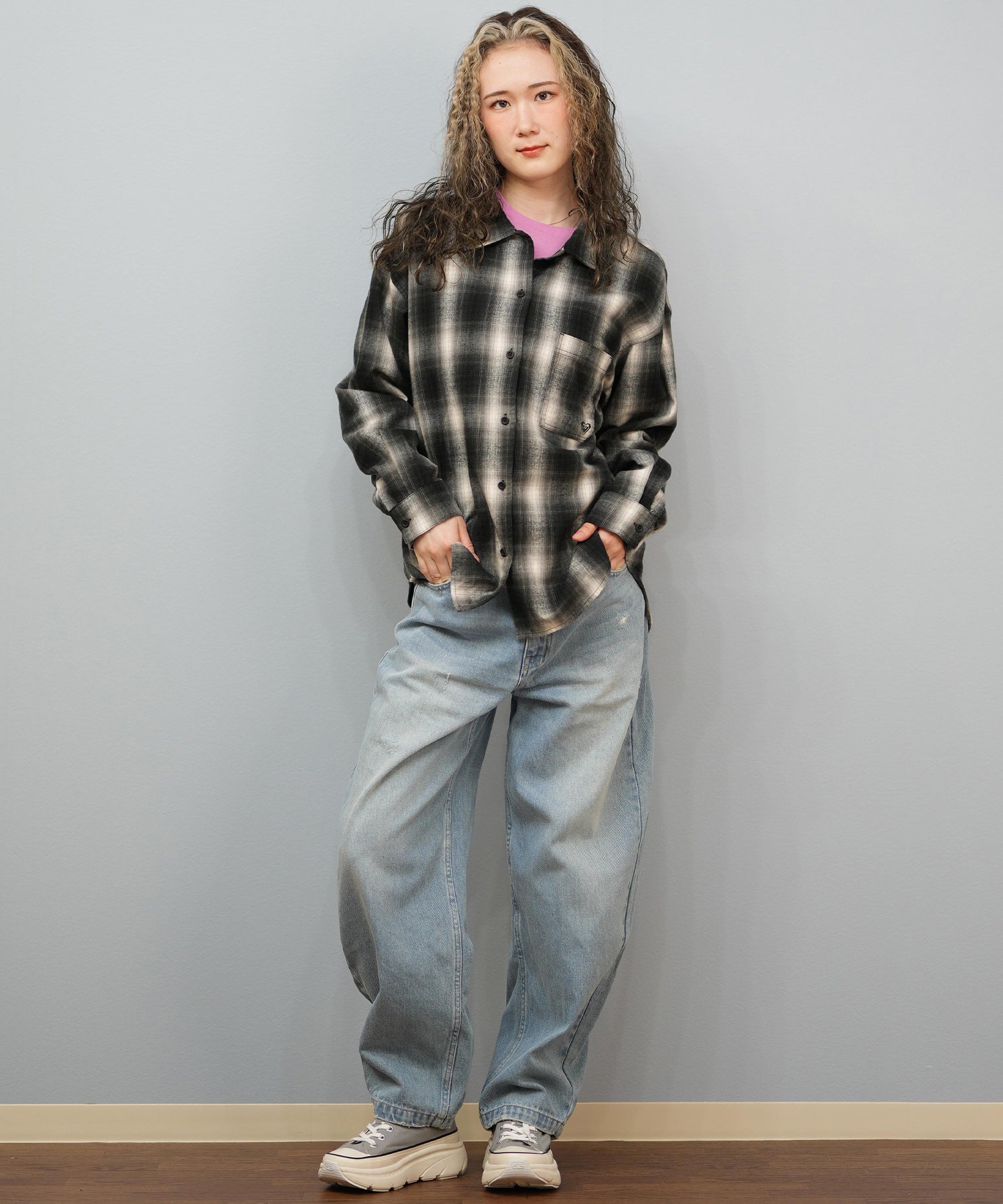 ROXY ロキシー 長袖 シャツ レディース チェック ロゴ LOOK UP シャツ RSH254045(BLK-M)