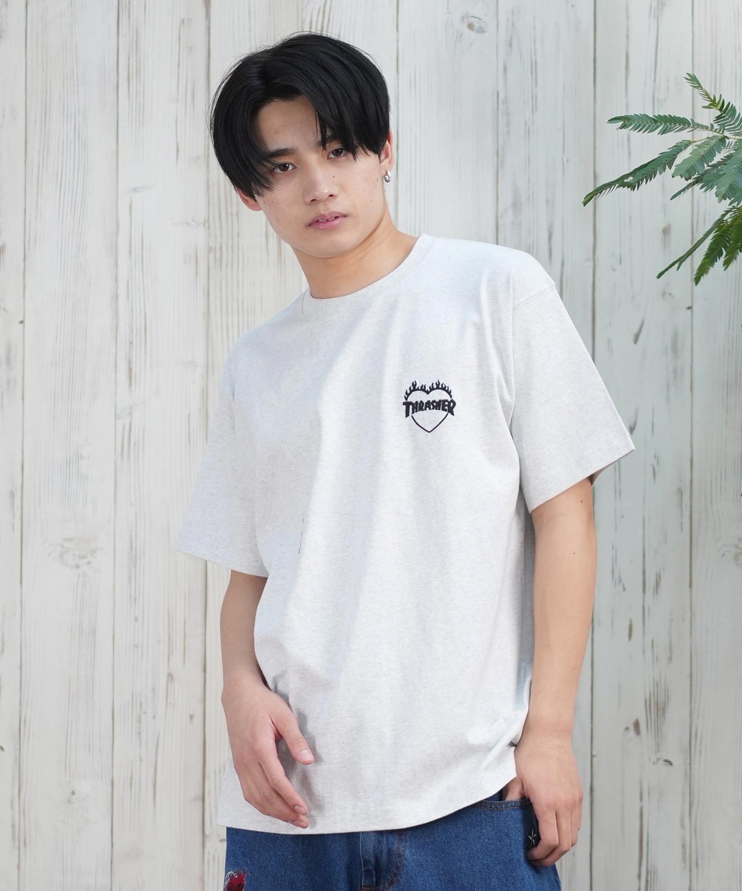 THRASHER スラッシャー 半袖 Tシャツ メンズ フロント刺繍 オーバーサイズ 252TH1ST040 ムラサキスポーツ限定(WHT-S)