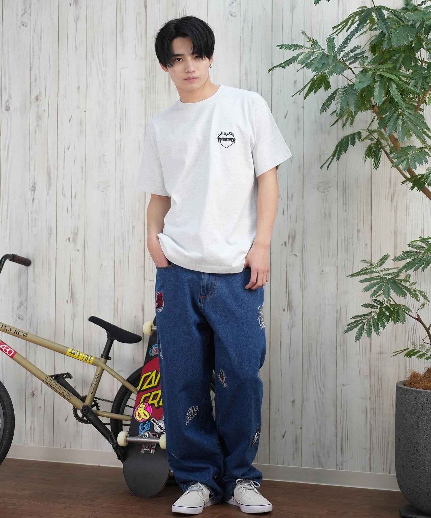 THRASHER スラッシャー 半袖 Tシャツ メンズ フロント刺繍 オーバーサイズ 252TH1ST040 ムラサキスポーツ限定(WHT-S)