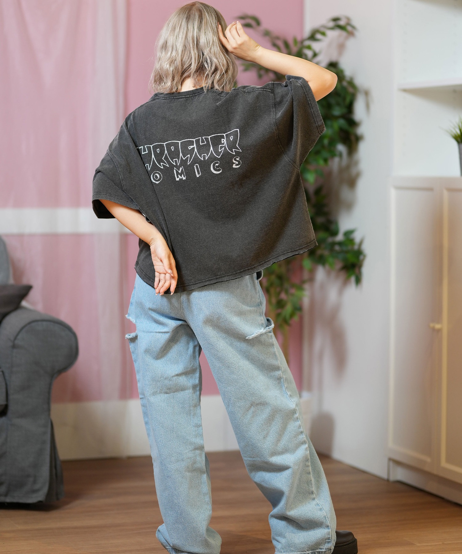 THRASHER スラッシャー 半袖 Tシャツ レディース コミックプリント クロップド丈 252TH2ST026(BLK-1-FREE)