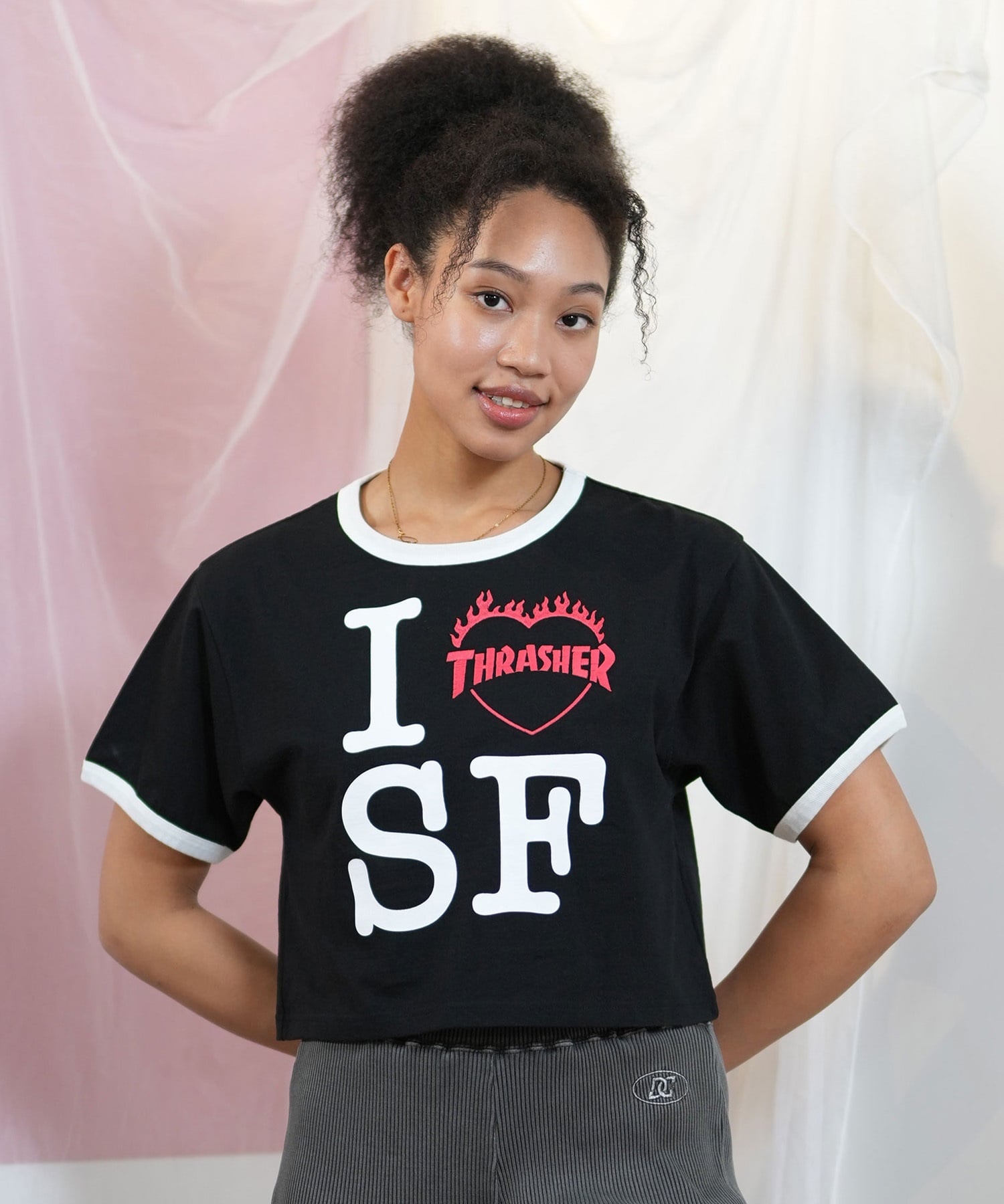 THRASHER スラッシャー 半袖 Tシャツ レディース アイラブTシャツ リンガーシャツ 252TH2ST031(WHT-M)