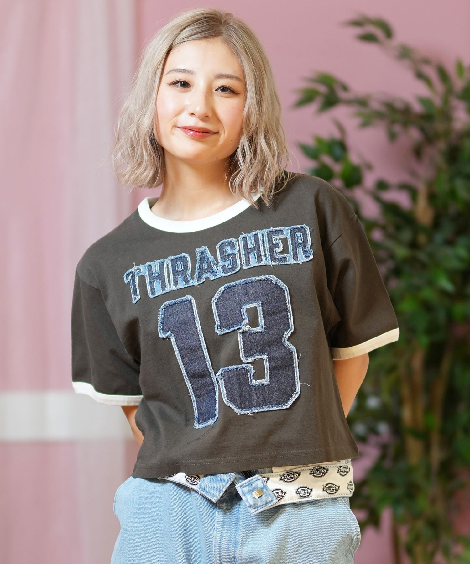 THRASHER スラッシャー 半袖 Tシャツ レディース ナンバリング リンガーシャツ 252TH2ST032(GRY-M)