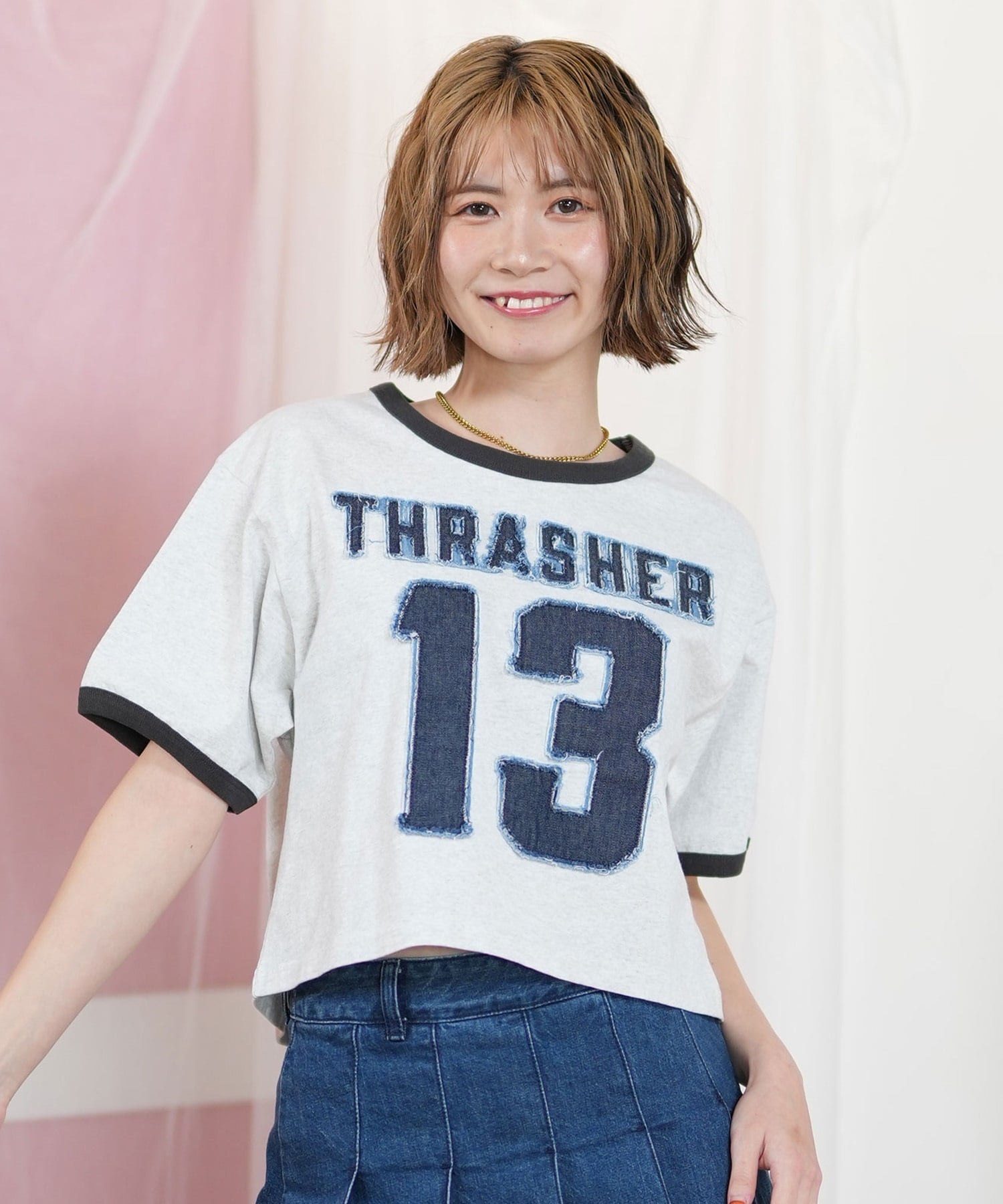 THRASHER スラッシャー 半袖 Tシャツ レディース ナンバリング リンガーシャツ 252TH2ST032(GRY-M)