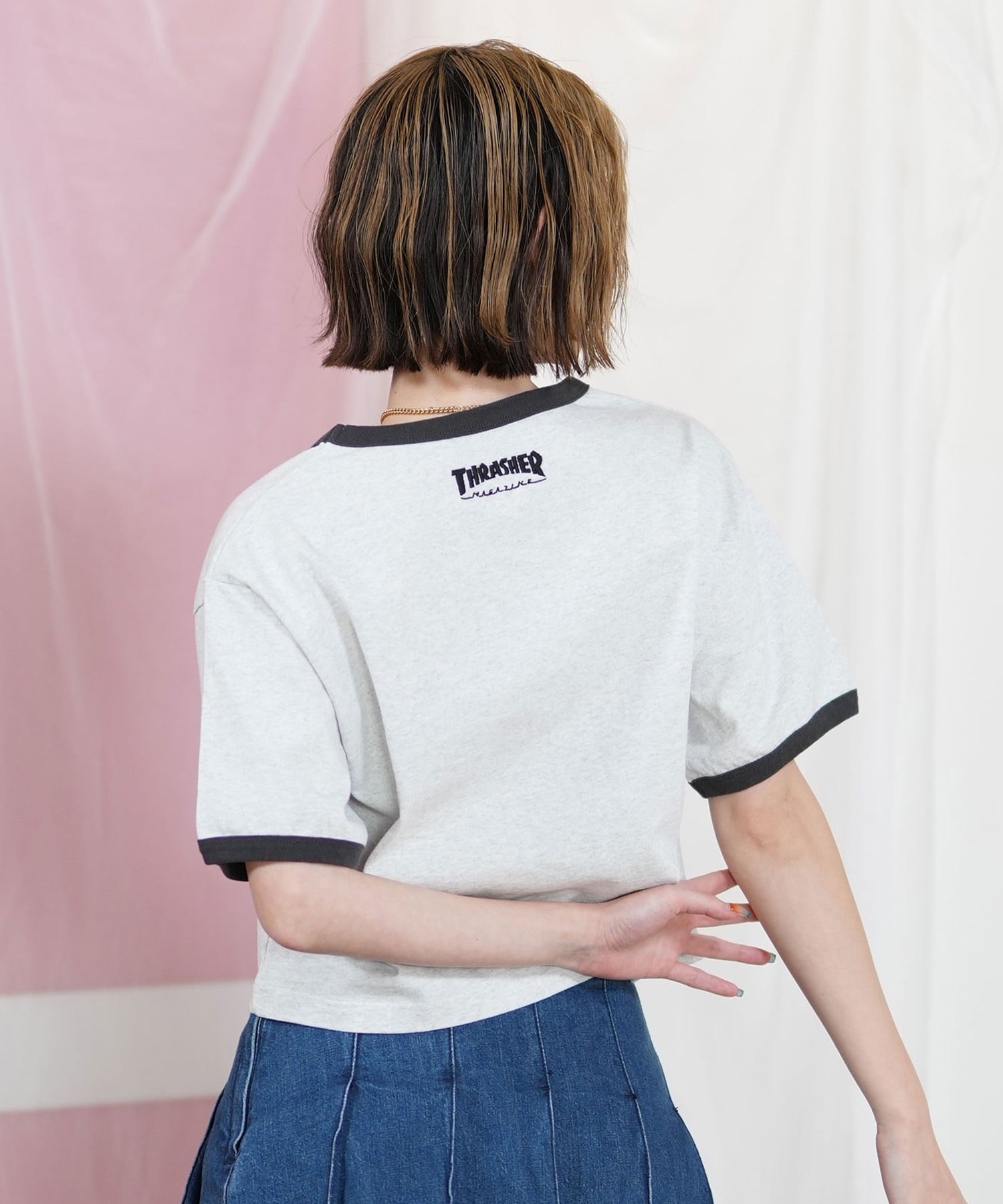 THRASHER スラッシャー 半袖 Tシャツ レディース ナンバリング リンガーシャツ 252TH2ST032(GRY-M)