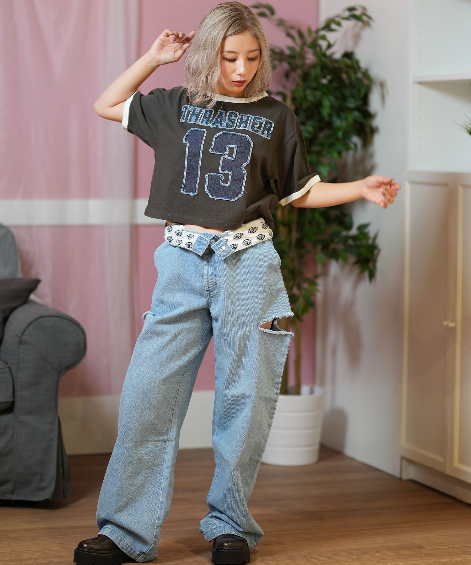 THRASHER スラッシャー 半袖 Tシャツ レディース ナンバリング リンガーシャツ 252TH2ST032(GRY-M)