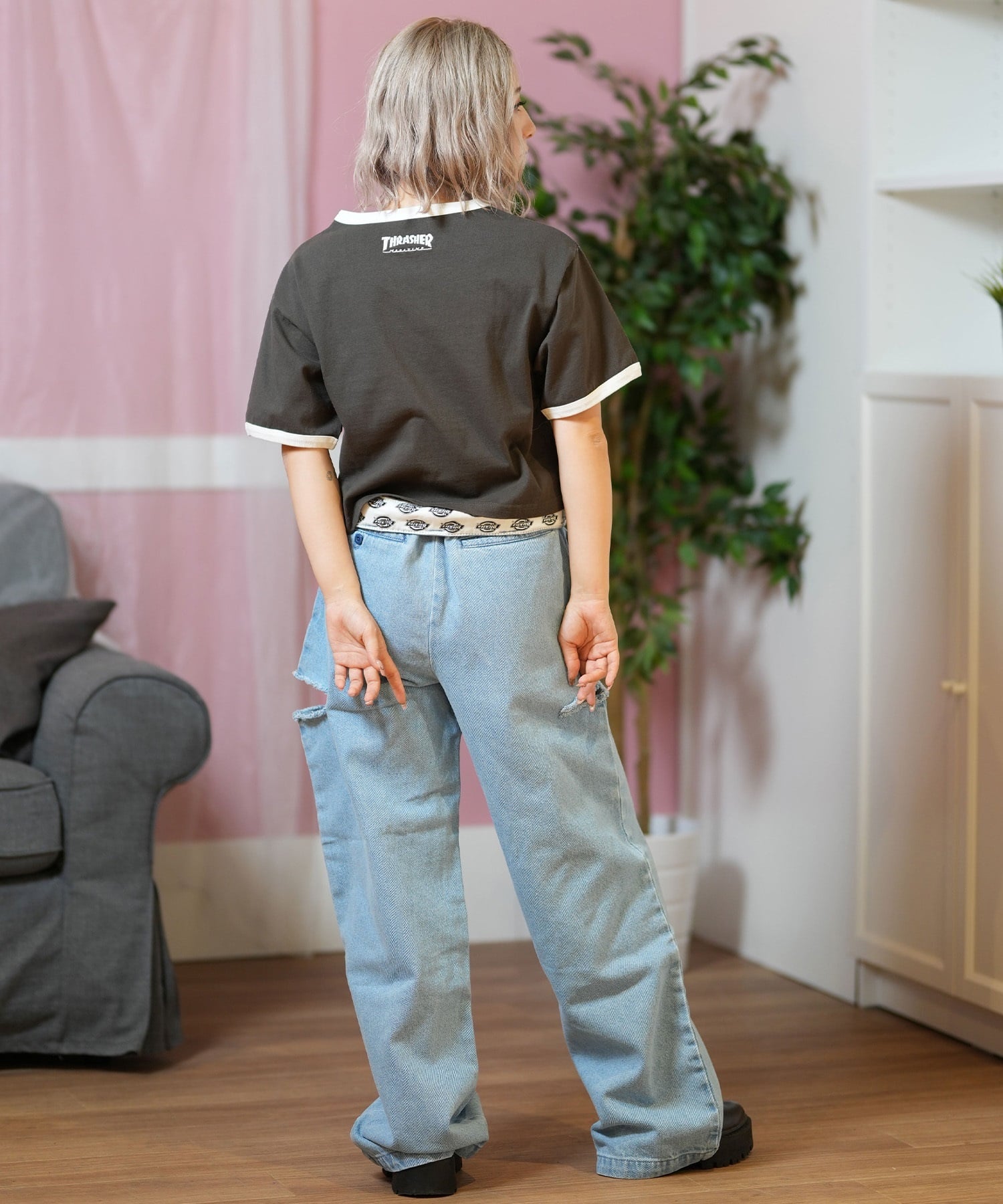 THRASHER スラッシャー 半袖 Tシャツ レディース ナンバリング リンガーシャツ 252TH2ST032(GRY-M)