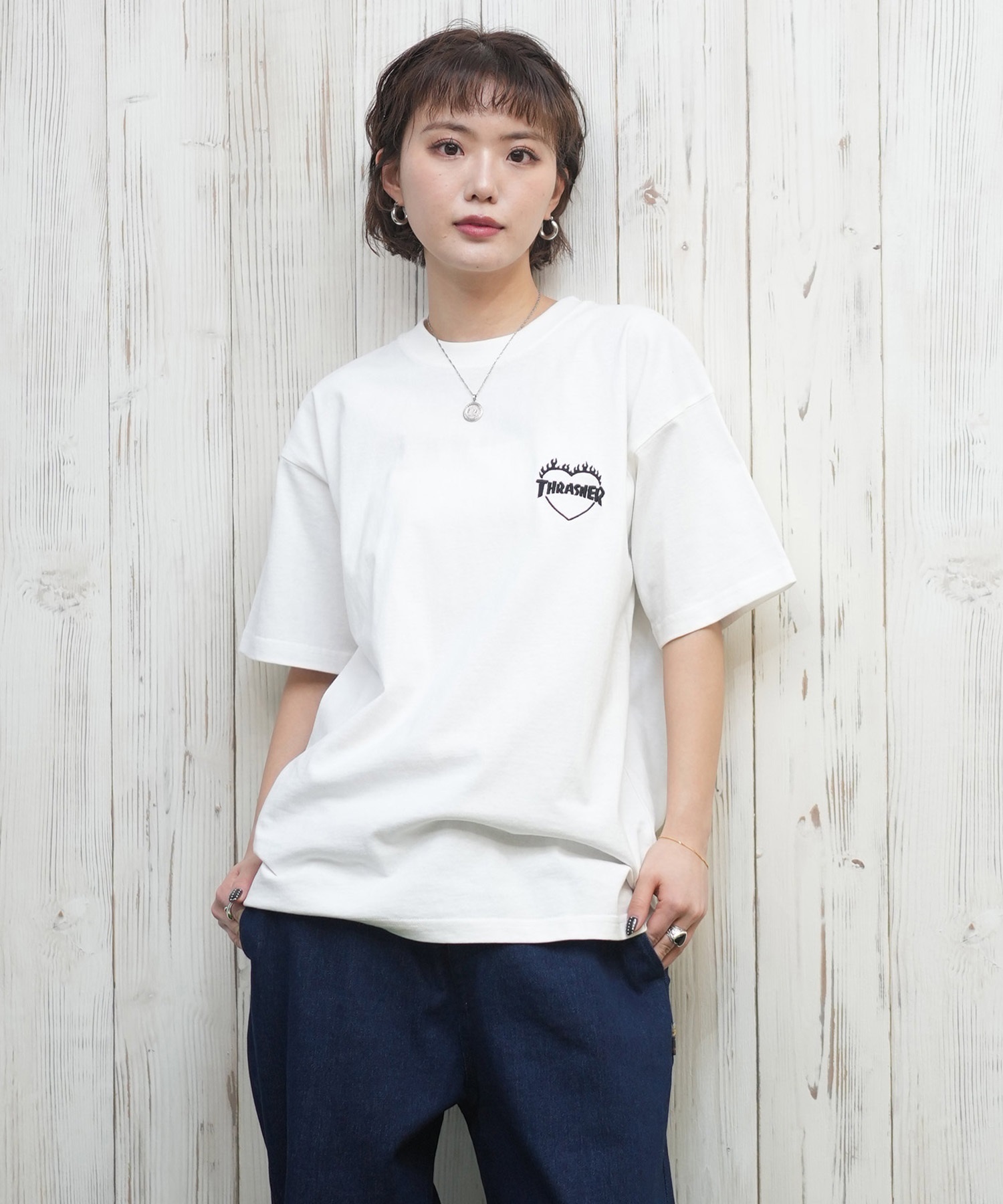 THRASHER スラッシャー 半袖 Tシャツ レディース バーニングハートTシャツ 252TH2ST033(WHT-M)