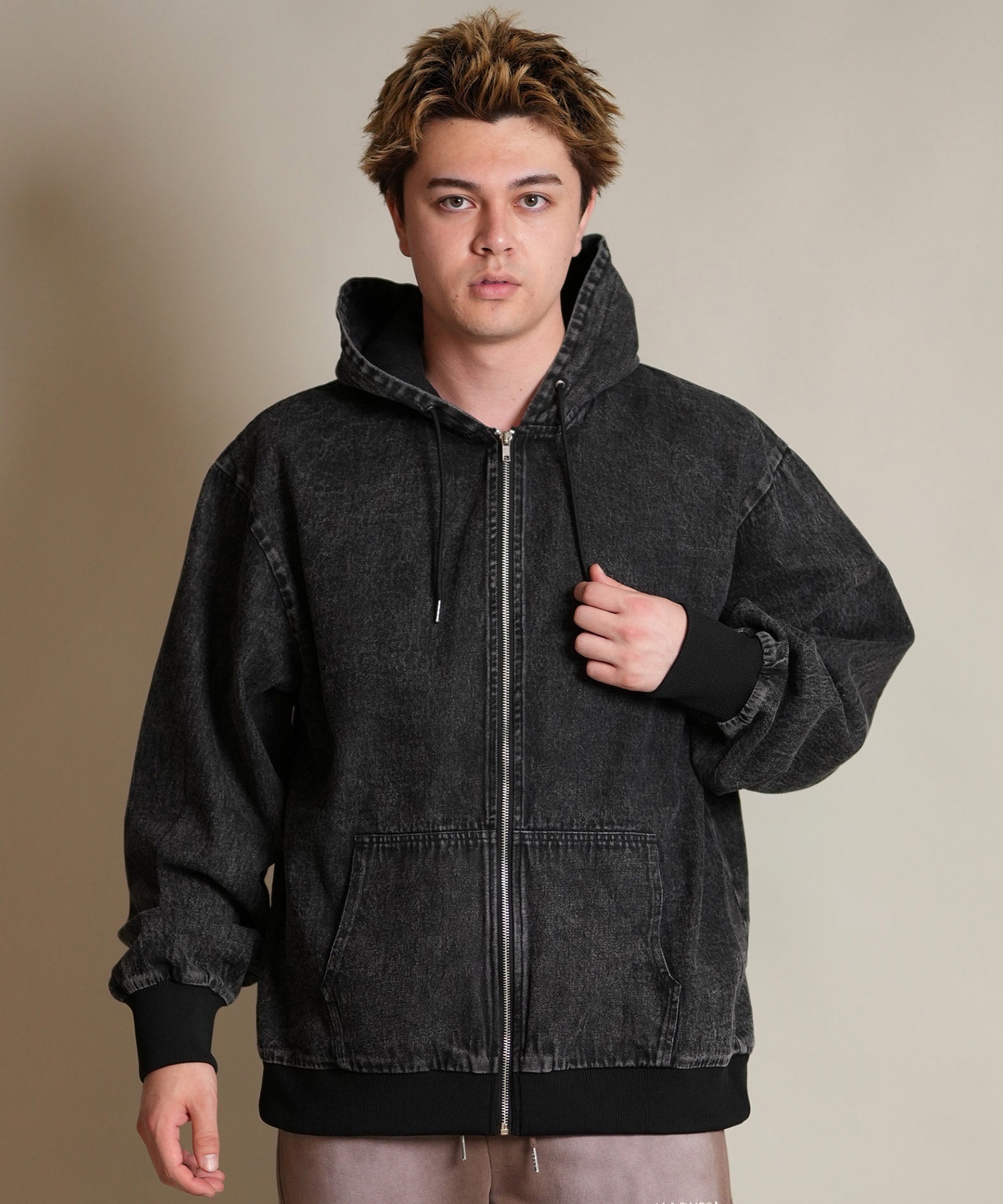 DEAR LAUREL ディアローレル デニム パーカー ジャケット メンズ ジップアップ フーディー ウォッシュ加工 ヴィンテージ風 DENIM PARKA JK D25F-0105(BLK-M)