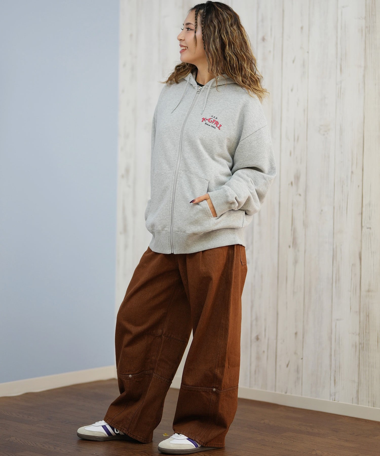 X-GIRL エックスガール ジップアップ パーカー レディース バックプリント ロゴ ARCH LOGO ZIP UP HOODIE 105253012022(ASH-S)