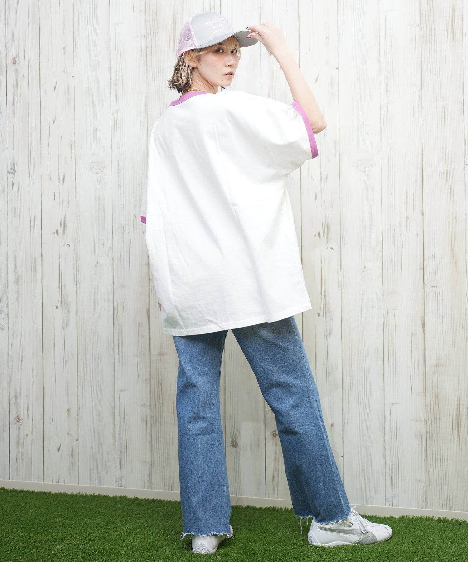 X-girl エックスガール 半袖 Tシャツ レディース リンガーシャツ フロントロゴ オーバーサイズ ARCH LOGO S S RINGER BIG TEE 105251011027(BLACK-S)