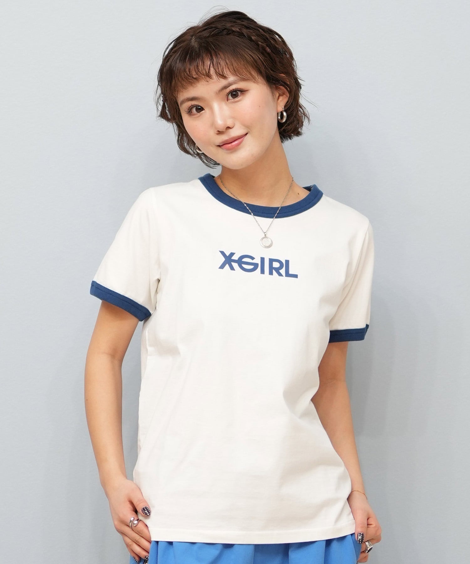 X-girl エックスガール 半袖 Tシャツ レディース リンガーシャツ フロントロゴ LOGO S S RINGER CLASSIC TEE 105251011031(BLACK-S)