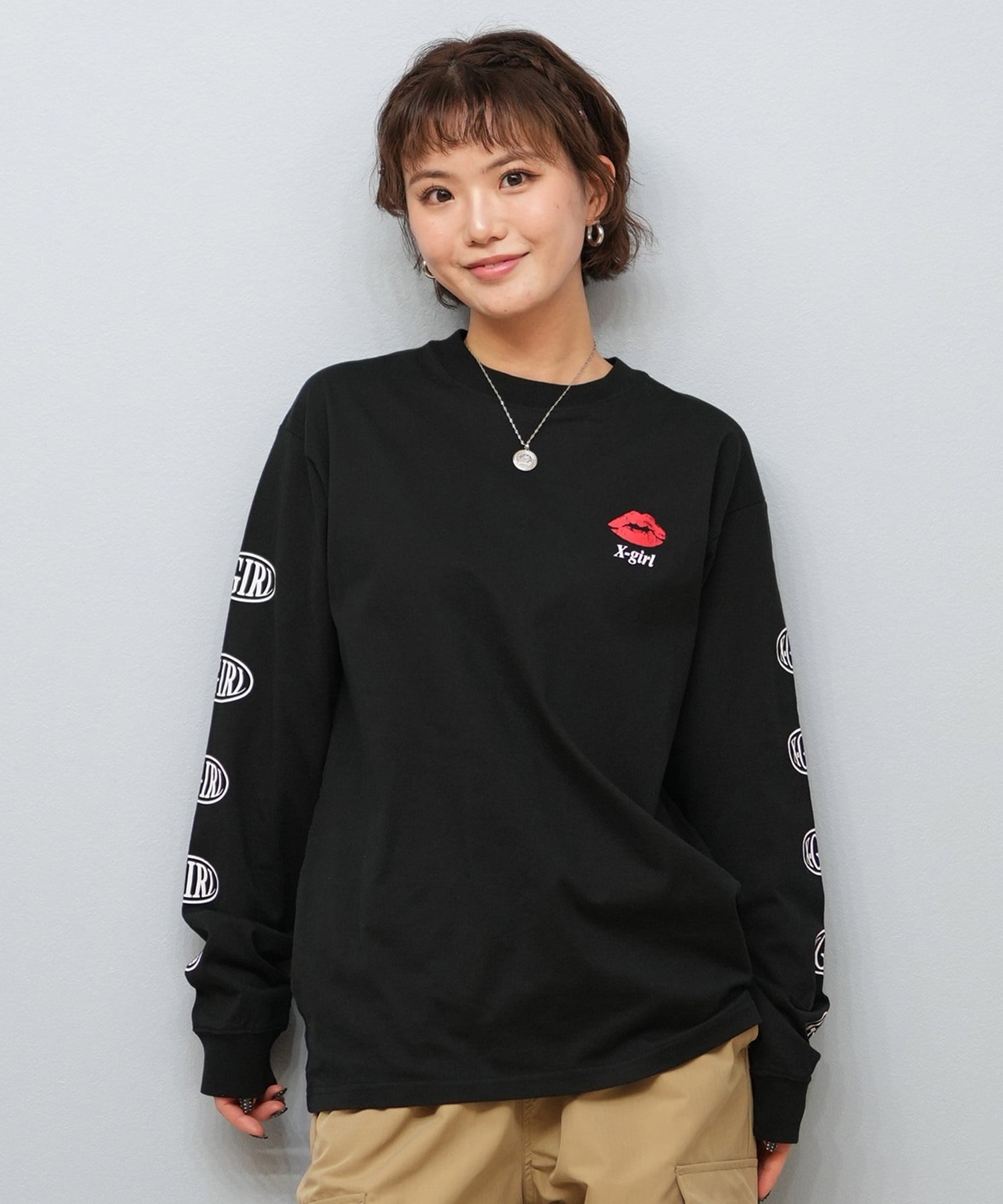 X-girl エックスガール 長袖 Tシャツ レディース ロンT 袖ロゴ バックプリント LIP L S TEE 105251011030(WHITE-M)