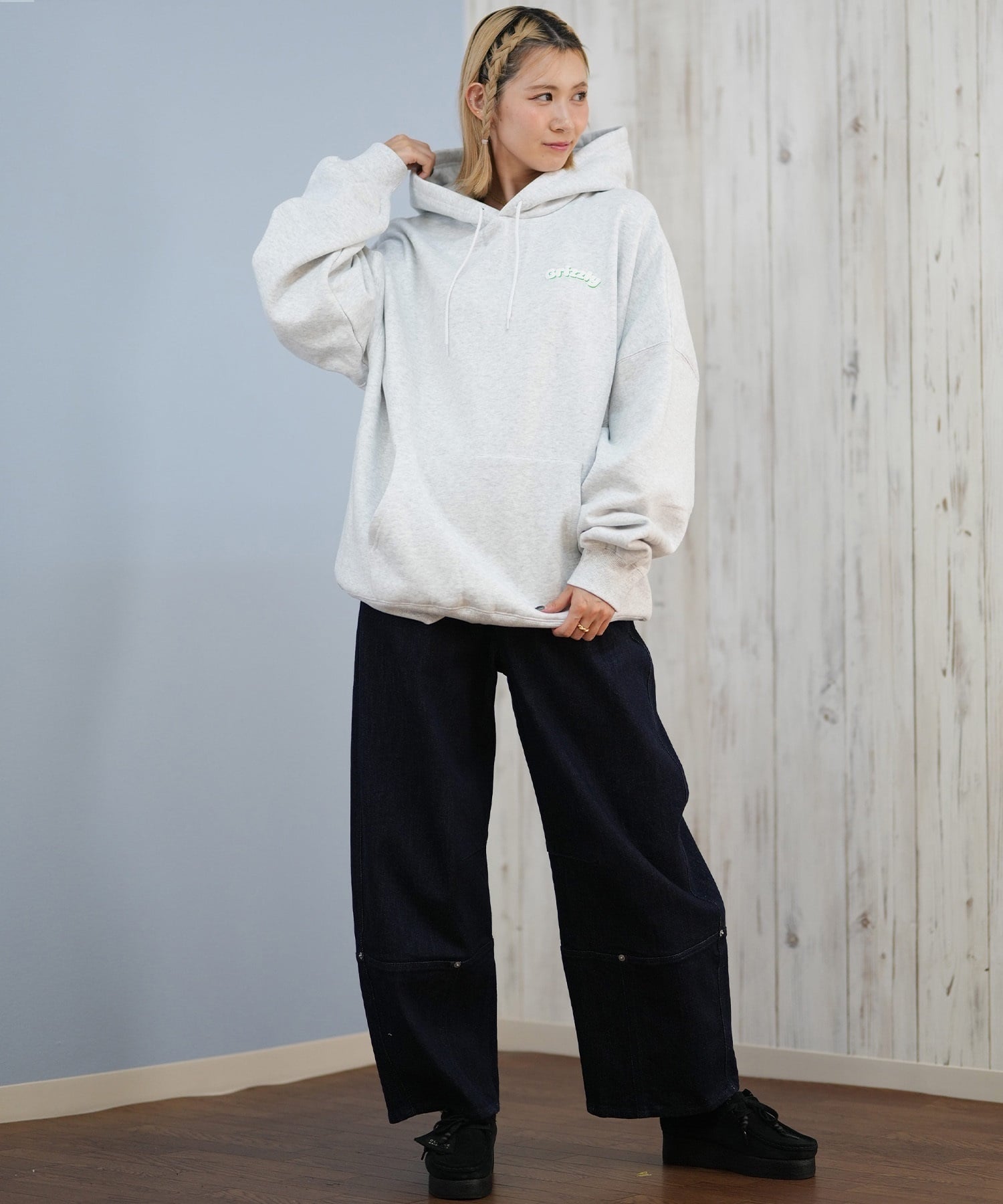 GRIZZLY グリズリー プルオーバー パーカー レディース バックプリント ロゴ KNIT HAT SMOKEY G25FW-4333(BLK-M)