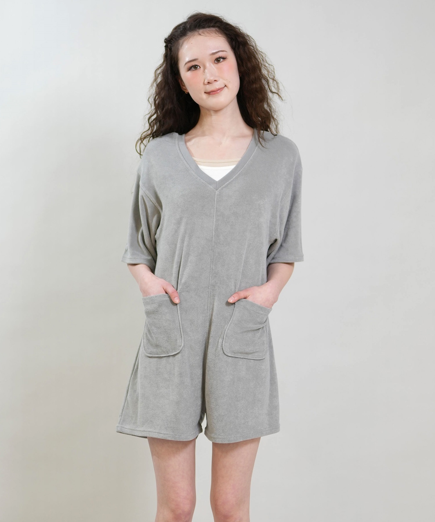 RIKKA FEMME リッカファム オールインワン ロンパース レディース パイル生地 ショート丈 吸水速乾 UVカット RF6S-1406(GRY-FREE)