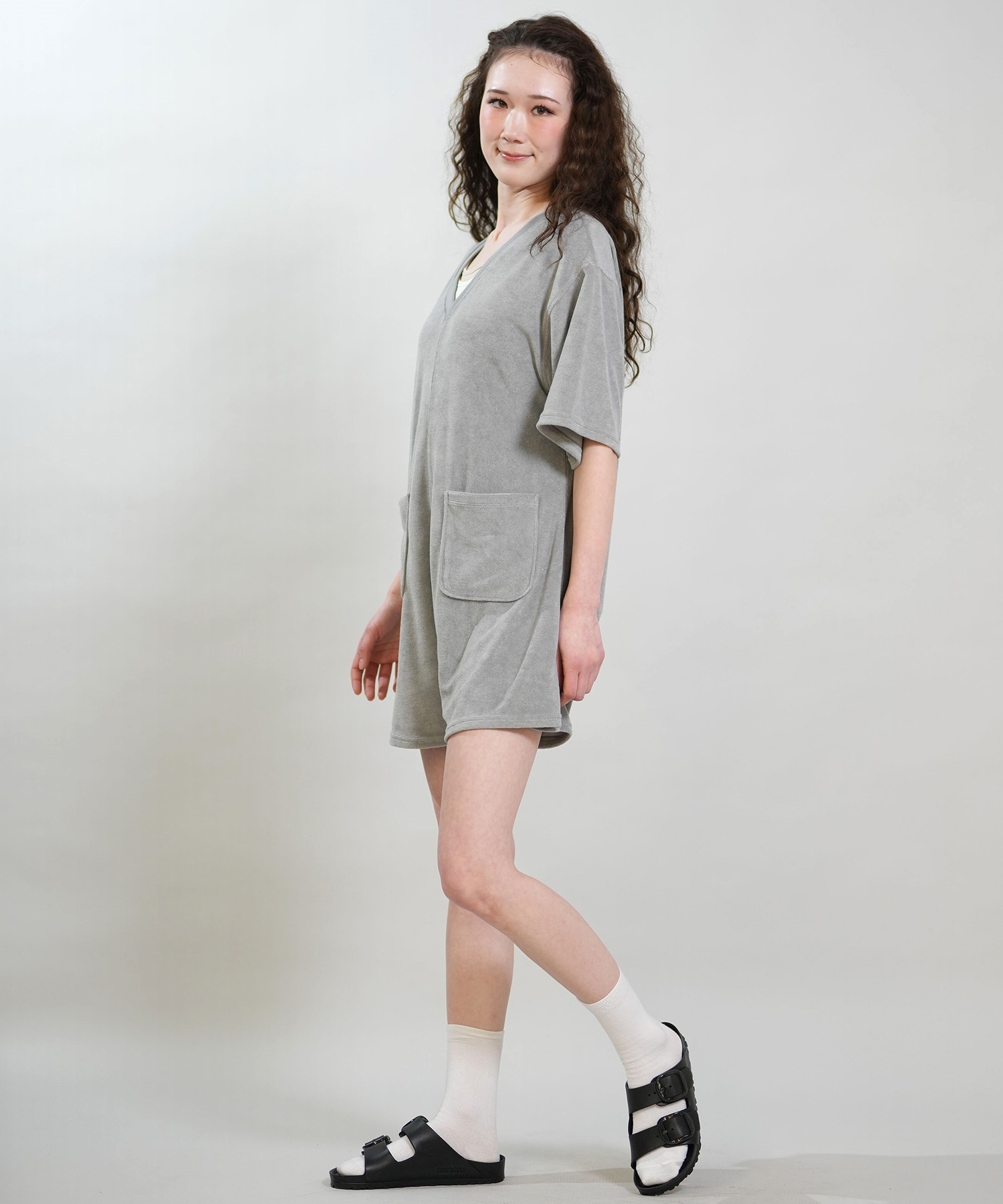 RIKKA FEMME リッカファム オールインワン ロンパース レディース パイル生地 ショート丈 吸水速乾 UVカット RF6S-1406(GRY-FREE)