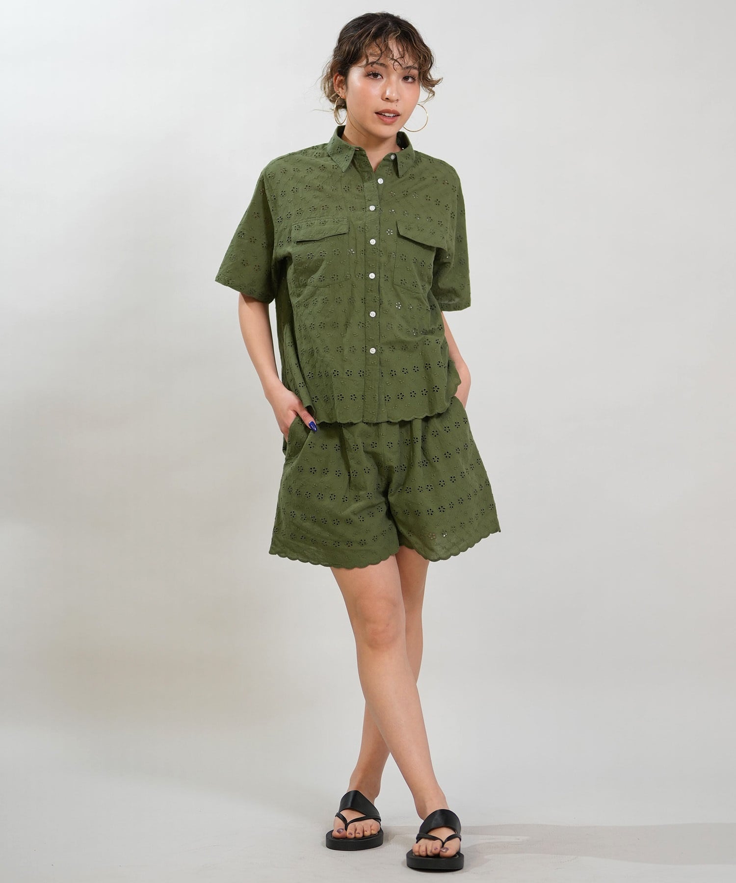 RIKKA FEMME リッカファム 半袖 シャツ レディース レース刺繍 セットアップ対応 RF6S-2401(WHT-FREE)