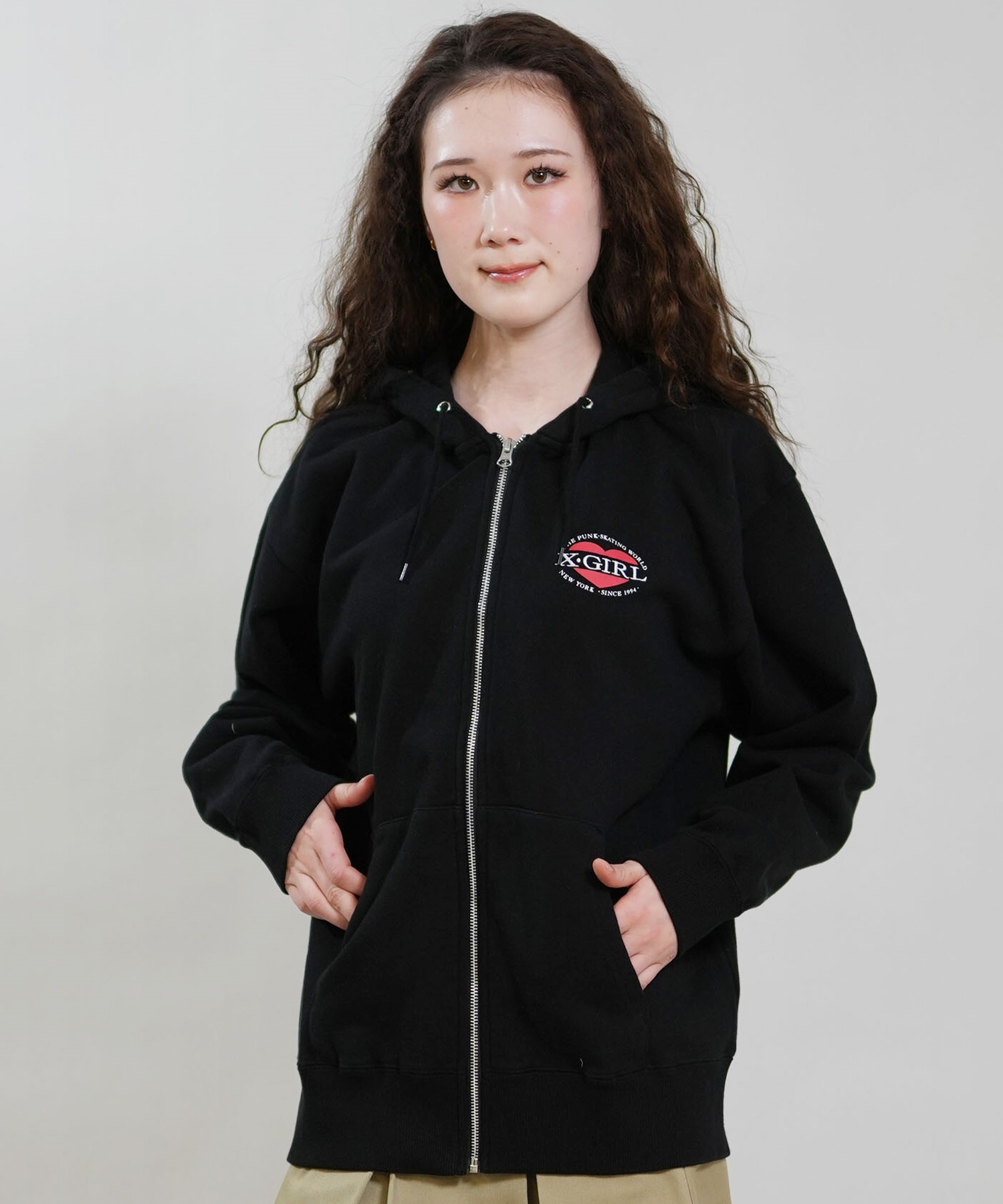 X-GIRL エックスガール ジップアップ パーカー レディース オーバーサイズ HEART LG ZIP SWT HD 105254012028(BLACK-S)