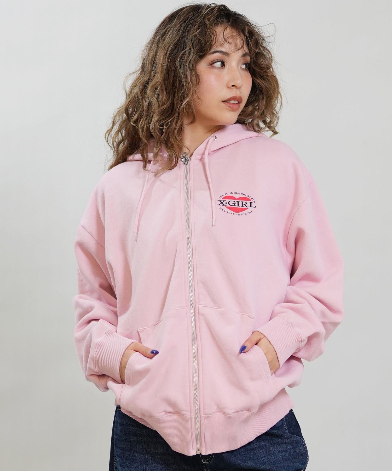 X-GIRL エックスガール ジップアップ パーカー レディース オーバーサイズ HEART LG ZIP SWT HD 105254012028(BLACK-S)