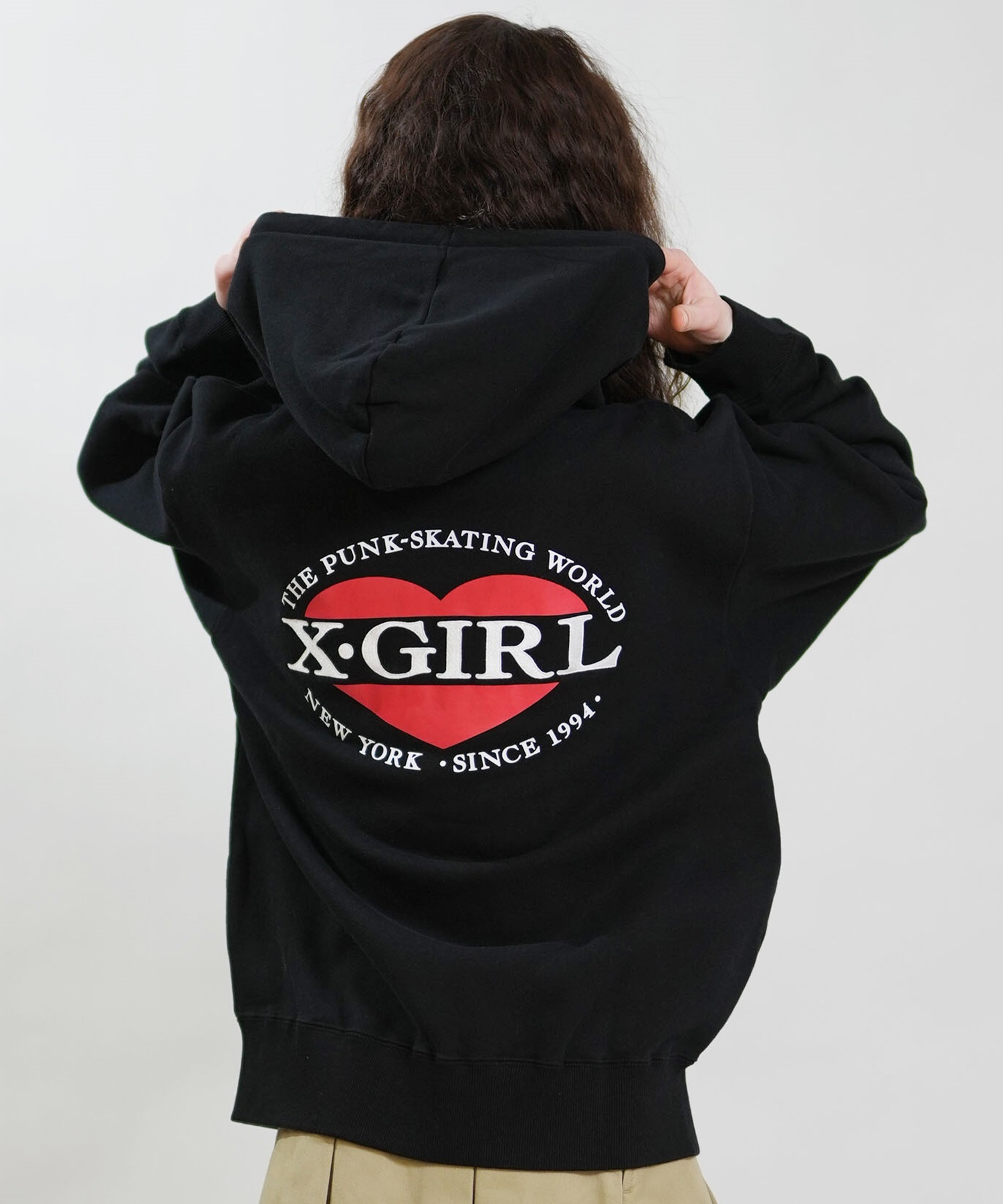 X-GIRL エックスガール ジップアップ パーカー レディース オーバーサイズ HEART LG ZIP SWT HD 105254012028(BLACK-S)