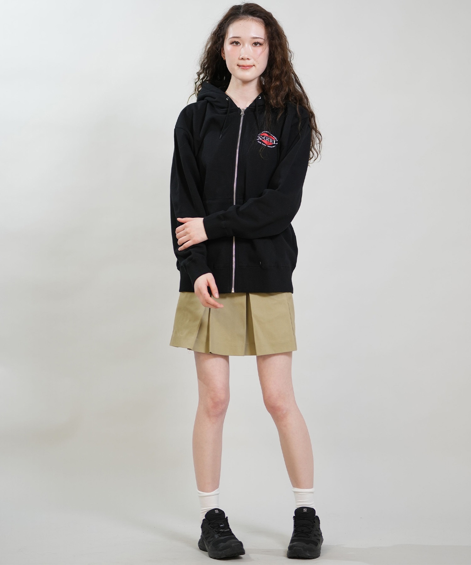 X-GIRL エックスガール ジップアップ パーカー レディース オーバーサイズ HEART LG ZIP SWT HD 105254012028(BLACK-S)