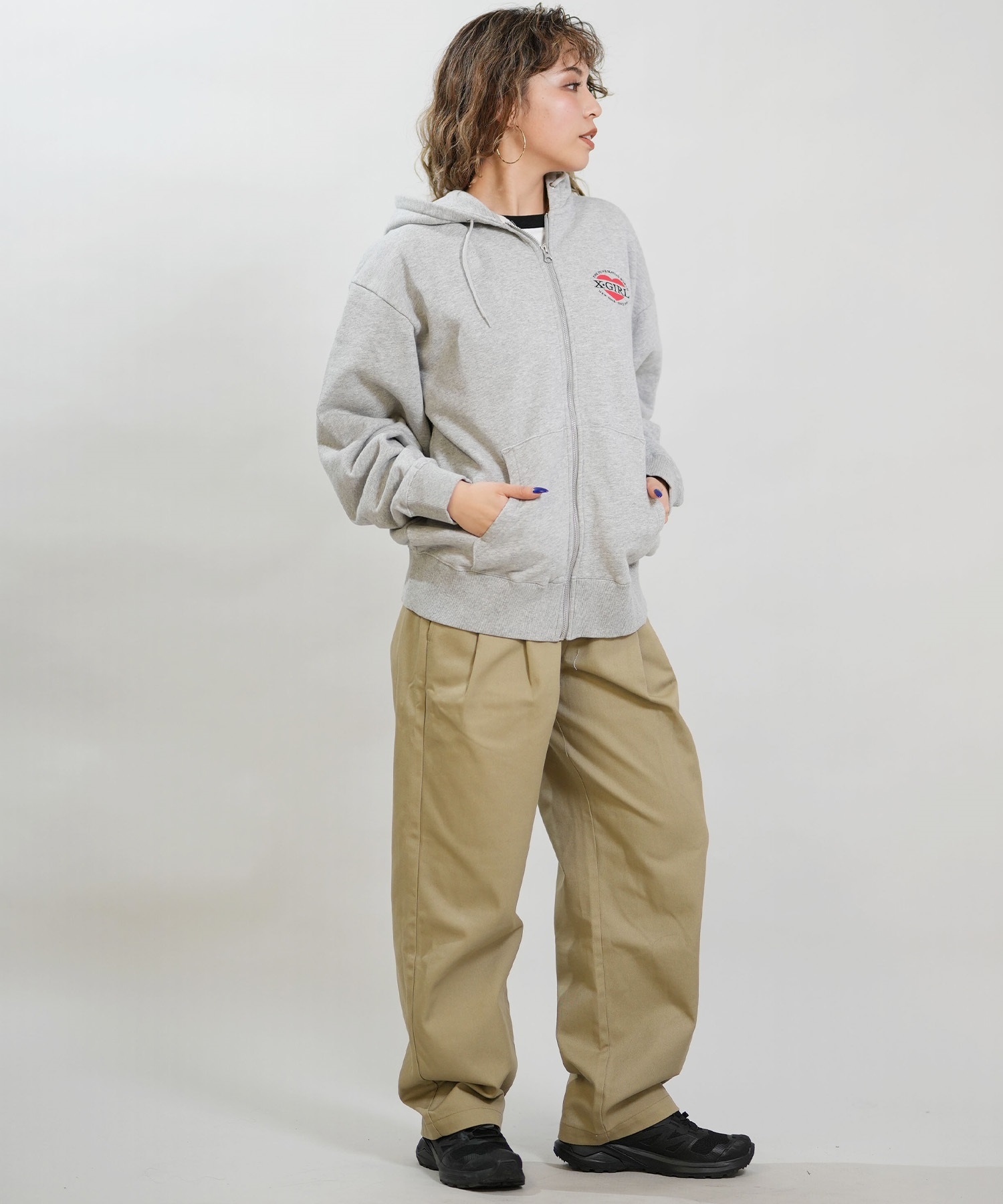 X-GIRL エックスガール ジップアップ パーカー レディース オーバーサイズ HEART LG ZIP SWT HD 105254012028(BLACK-S)