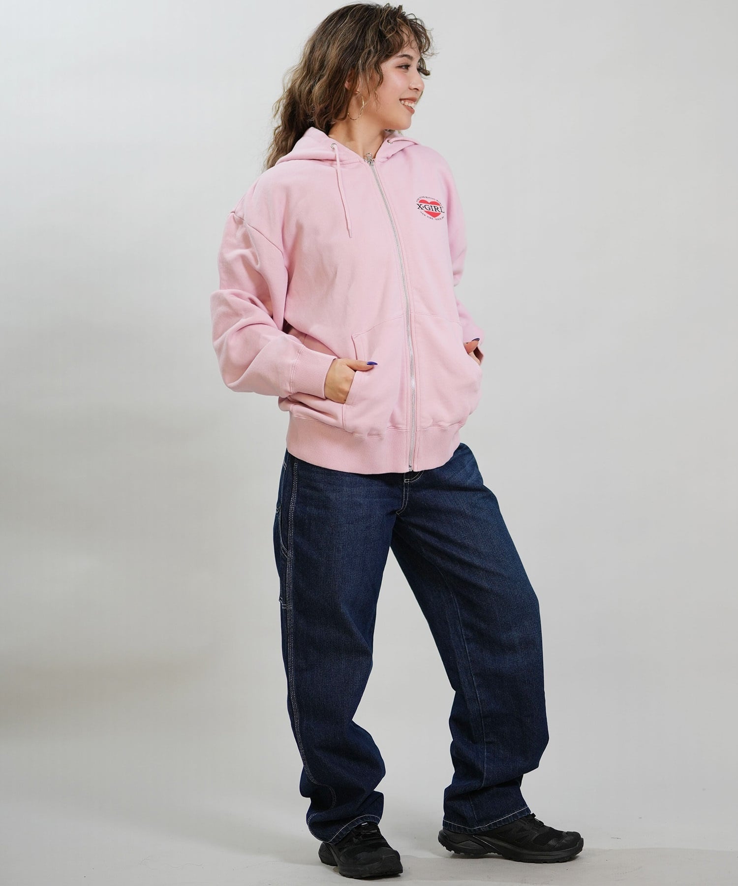 X-GIRL エックスガール ジップアップ パーカー レディース オーバーサイズ HEART LG ZIP SWT HD 105254012028(BLACK-S)