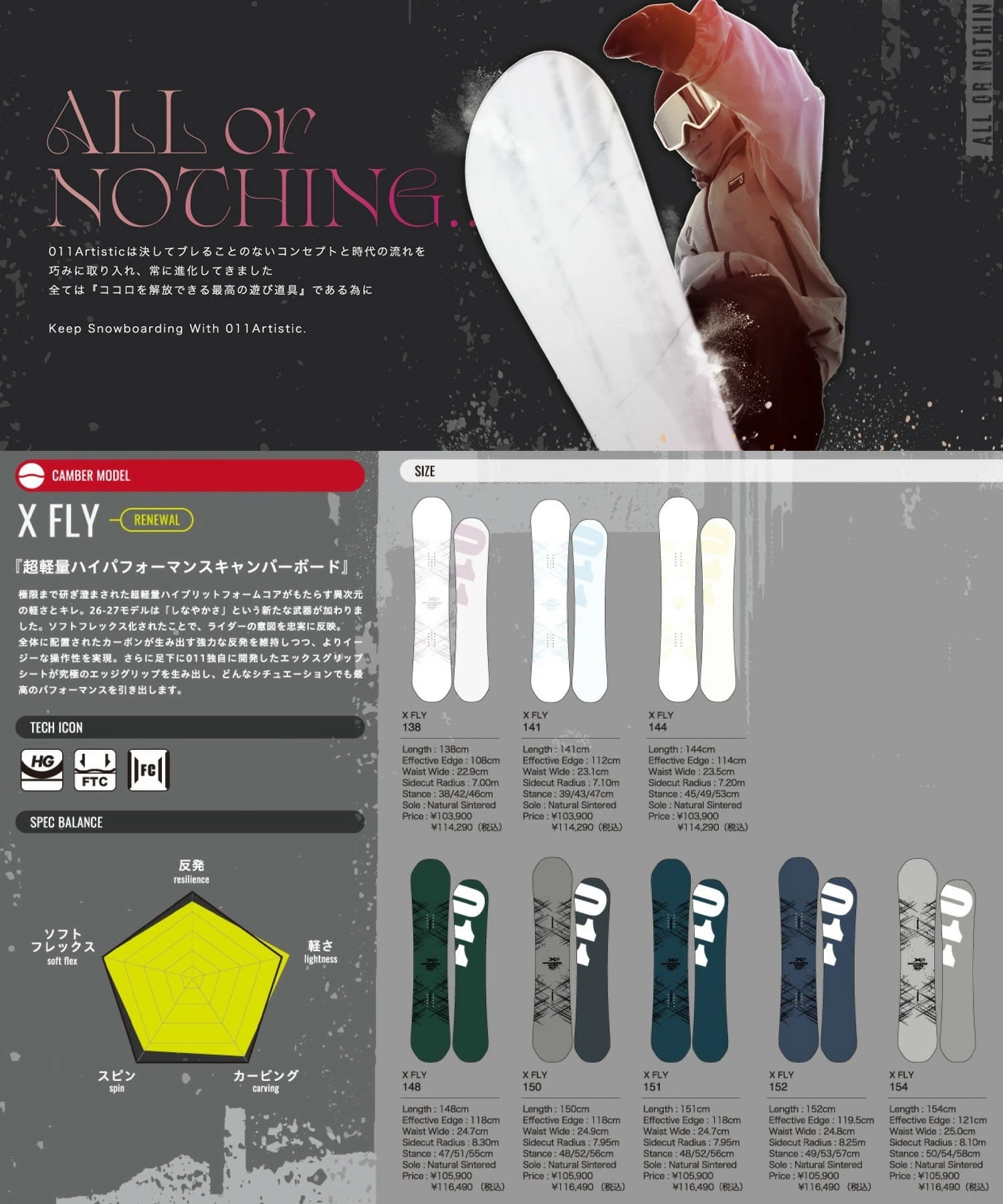 011Artistic ゼロワンワンアーティスティック エックスフライ X FLY スノーボード 板 グラトリ キャンバー 軽量 高反発 ユニセックス 26-27 早期購入(ONECOLOR-148cm)